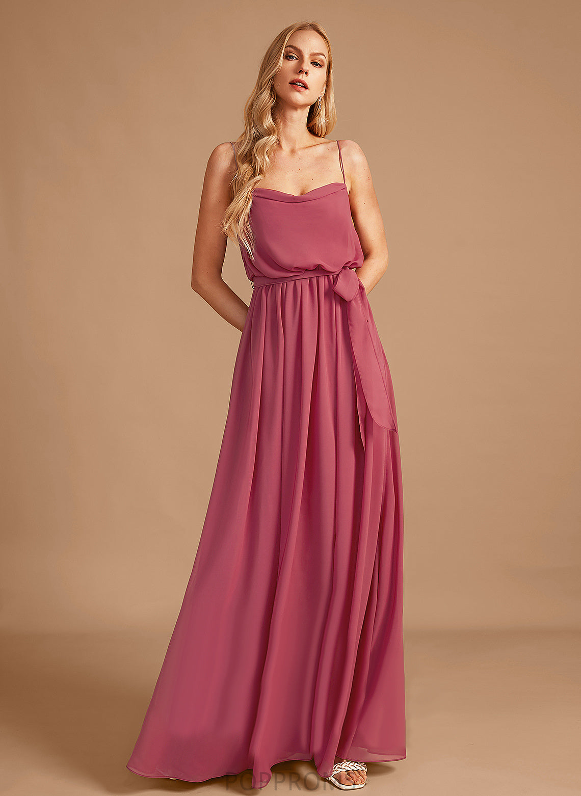 Neckline Silhouette Length A-Line Ruffle Fabric CowlNeck Floor-Length Embellishment SplitFront Mattie Sleeveless Bridesmaid Dresses