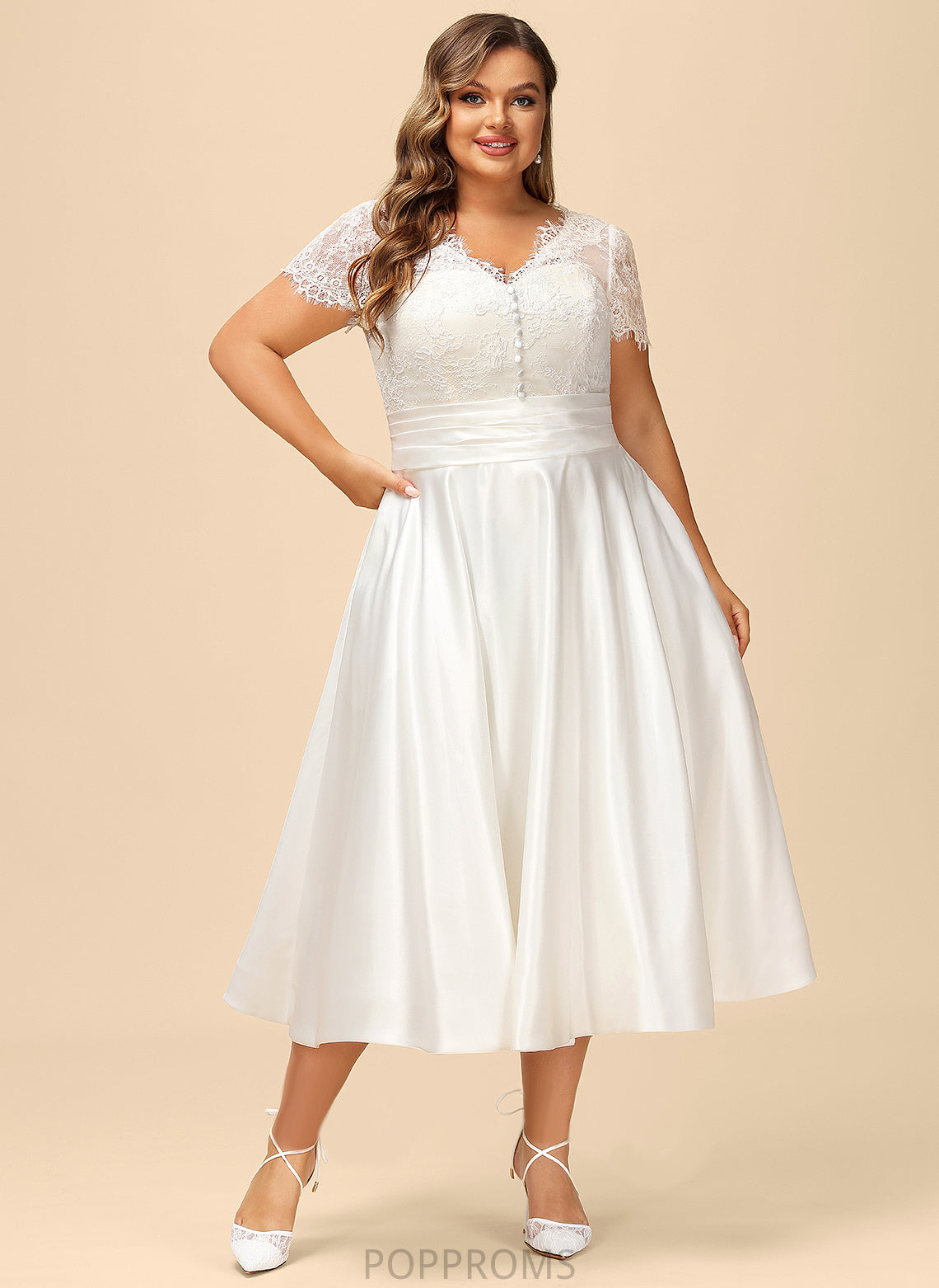 Tea-Length Maci Dress V-neck Ruffle Wedding With Wedding Dresses A-Line Lace Satin