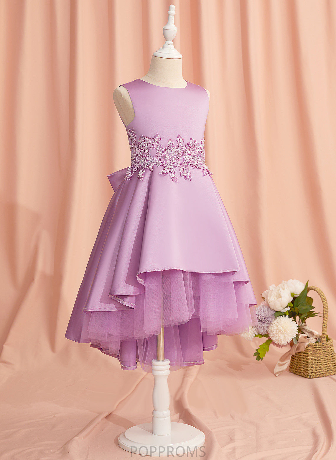 Scoop Aubree Asymmetrical Lace/Beading/Bow(s) Flower Girl Dresses A-Line Satin/Tulle With Sleeveless Flower Neck - Dress Girl