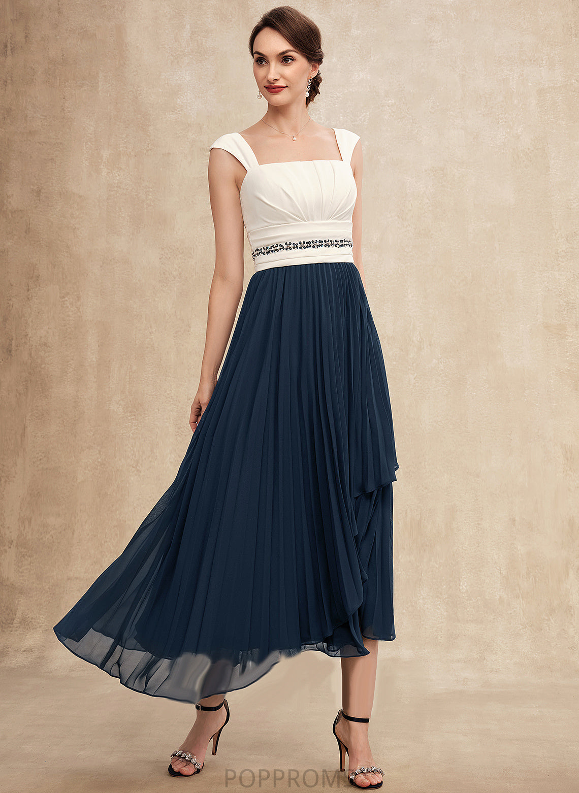 With of Sequins Tea-Length Noelle Neckline A-Line Square Mother the Bride Dress Mother of the Bride Dresses Beading Chiffon Pleated