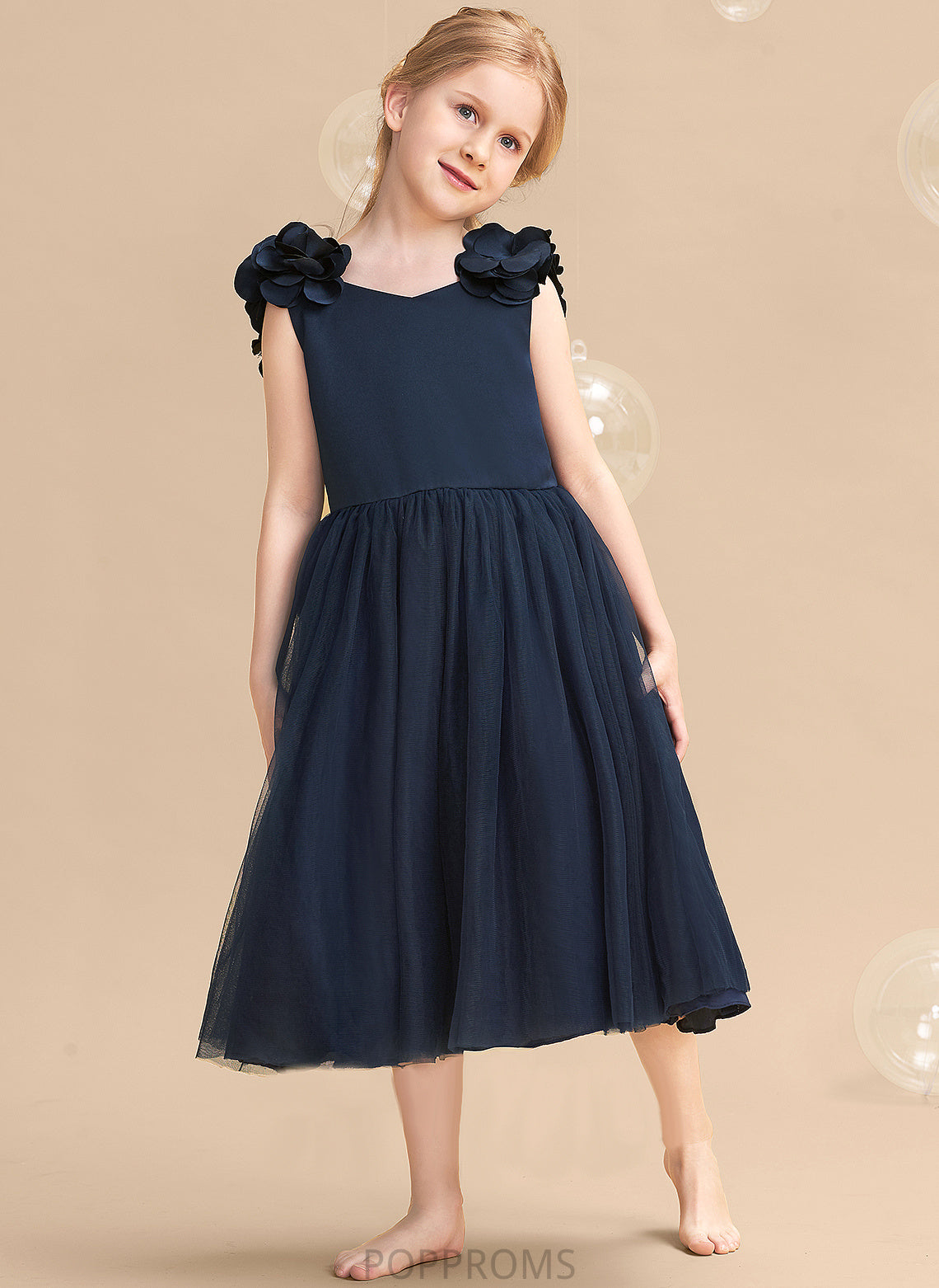 Dress Satin/Tulle Girl Flower - A-Line Flower Girl Dresses Tea-length Abril Flower(s)/Bow(s) Sleeveless With V-neck