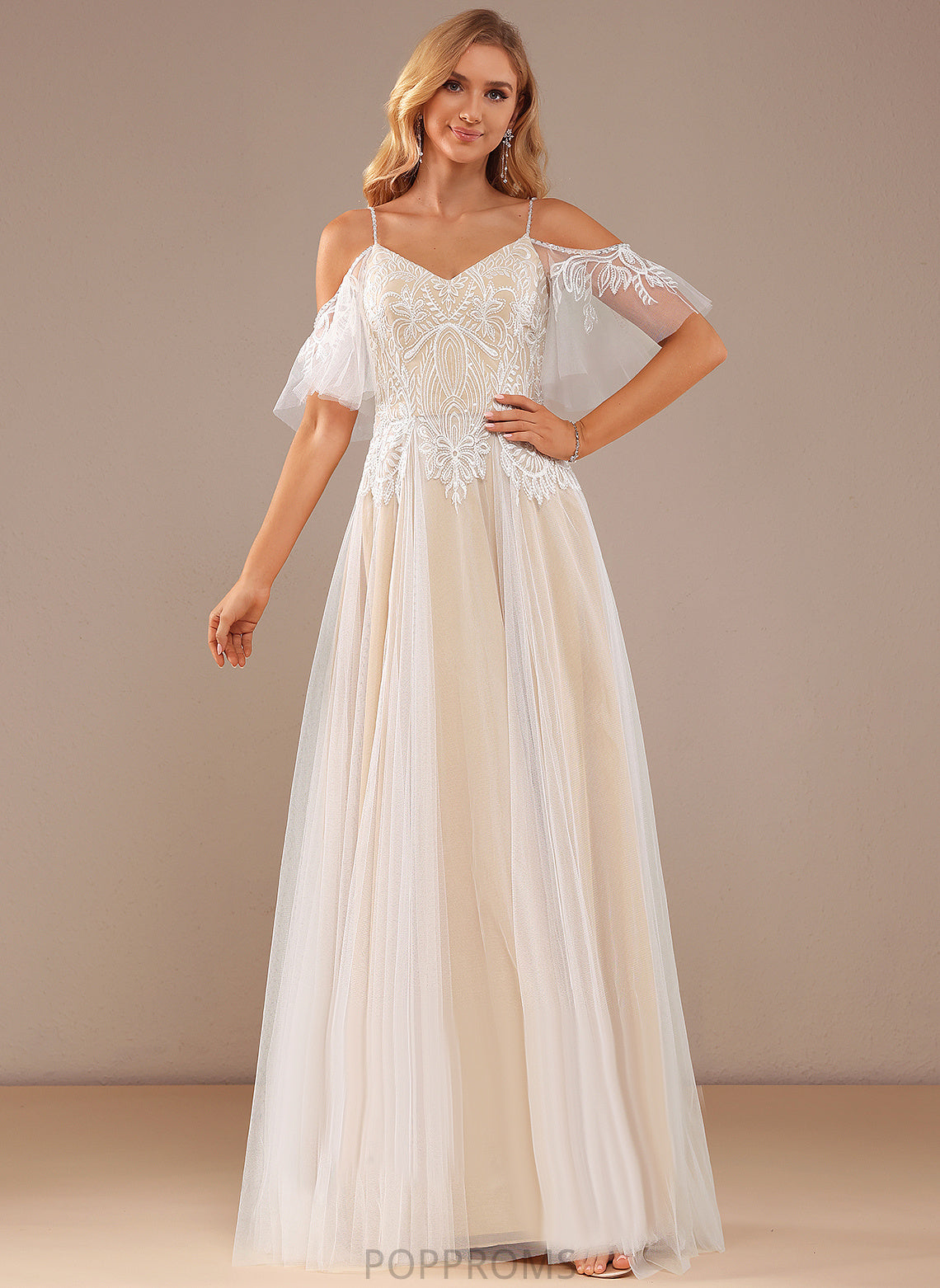 Alaina Tulle Beading Lace Wedding A-Line Lace Dress Ruffle With Floor-Length V-neck Wedding Dresses Sequins