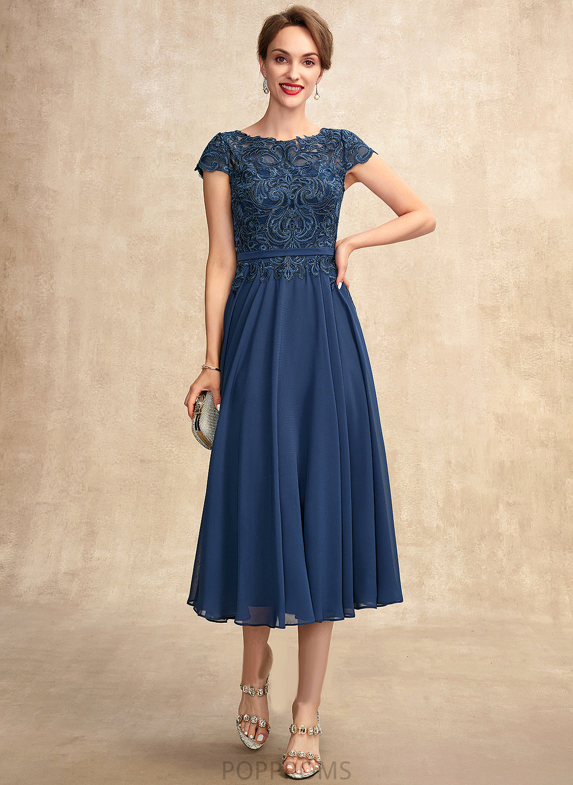 Mother Bride Mother of the Bride Dresses the Dress Scoop of Tea-Length A-Line Chiffon Lace Neck Melina