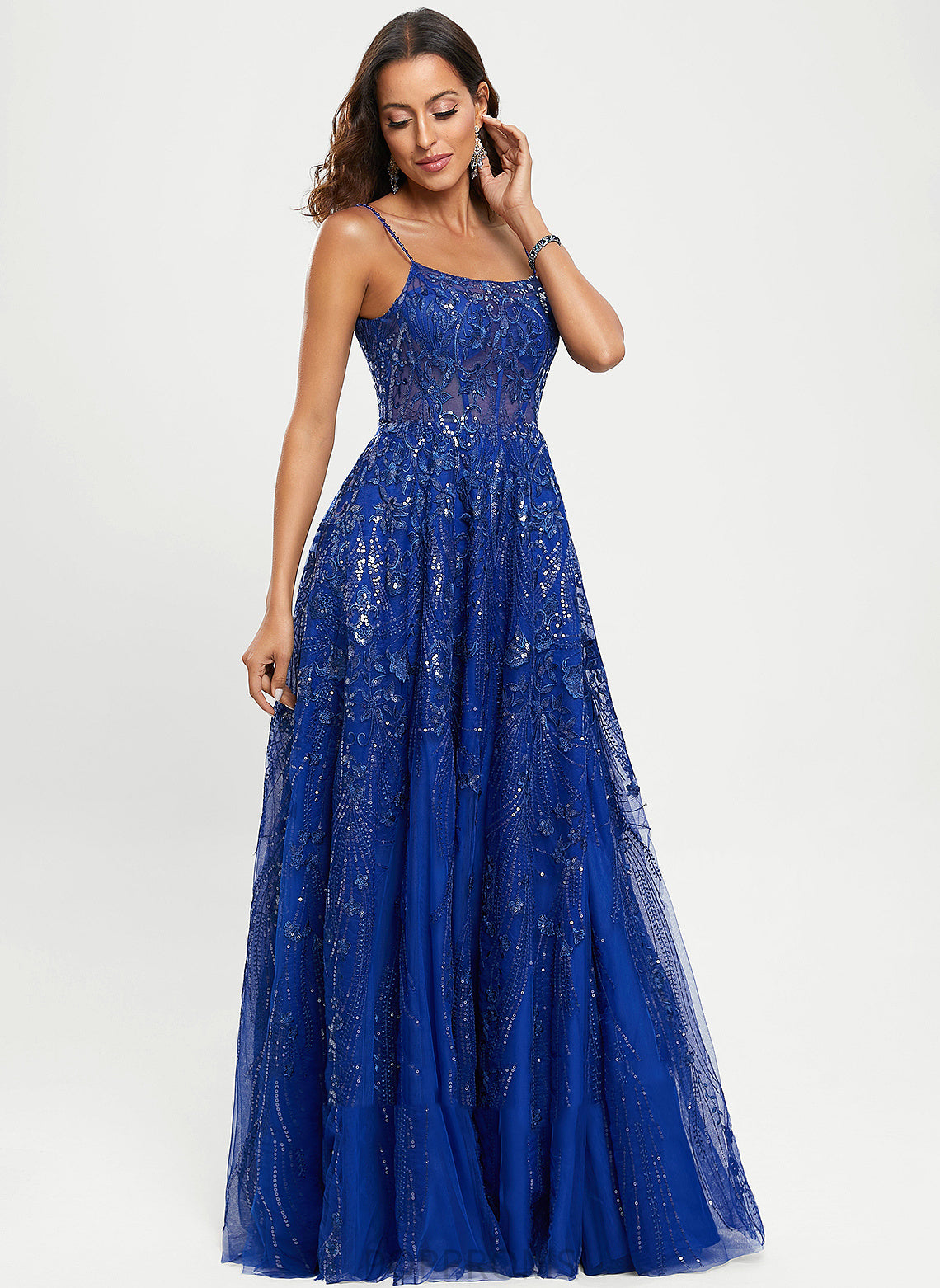 Scoop Lace With Floor-Length A-Line Sequins Tulle Nina Prom Dresses