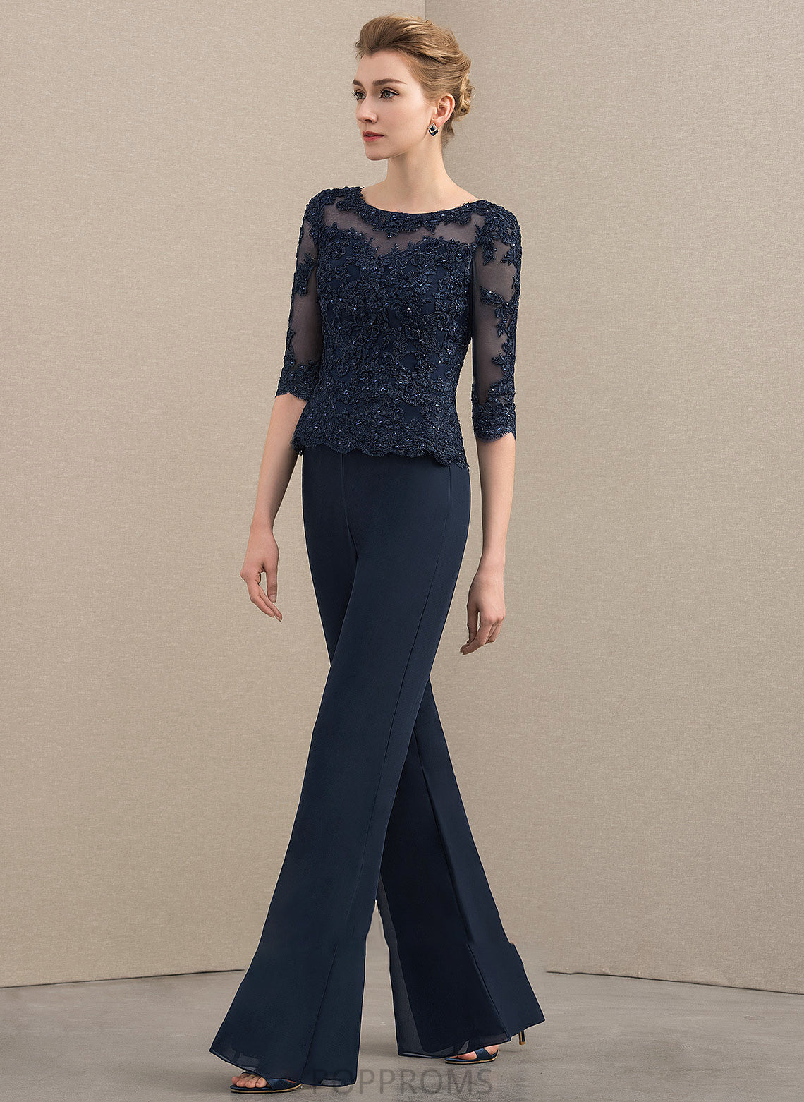 Dress Chiffon Mother Lace Neck Jumpsuit/Pantsuit Mother of the Bride Dresses Beading of Scoop Floor-Length Giana the With Bride