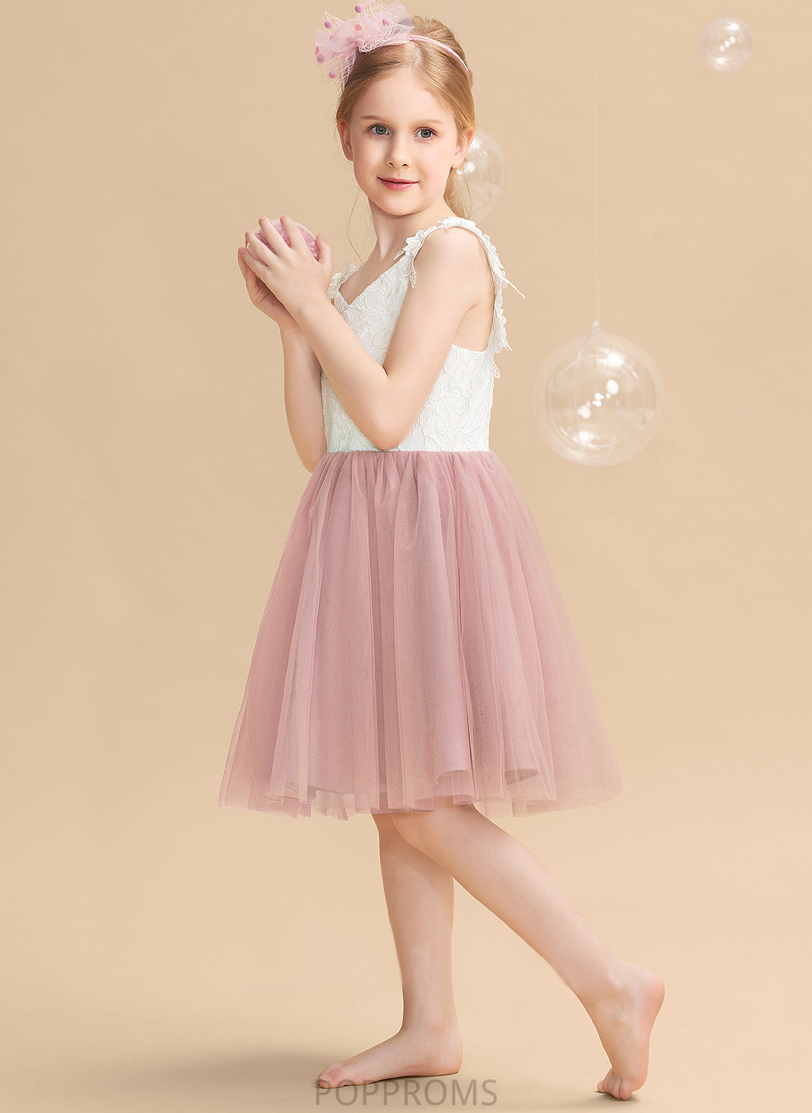 V-neck Dress Knee-length Flower Girl Dresses Kayden - Flower Sleeveless Tulle/Lace A-Line Girl