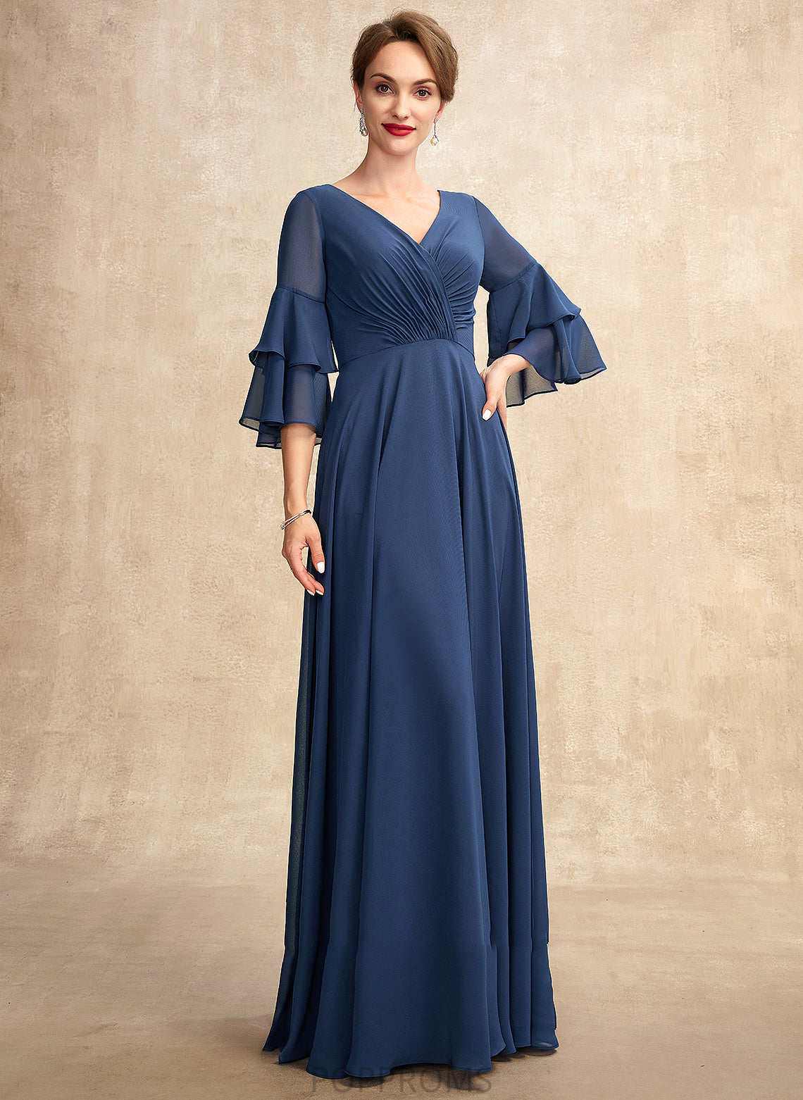 Bride Floor-Length of the With Ruffles V-neck Mother A-Line Chiffon Adriana Mother of the Bride Dresses Dress Cascading