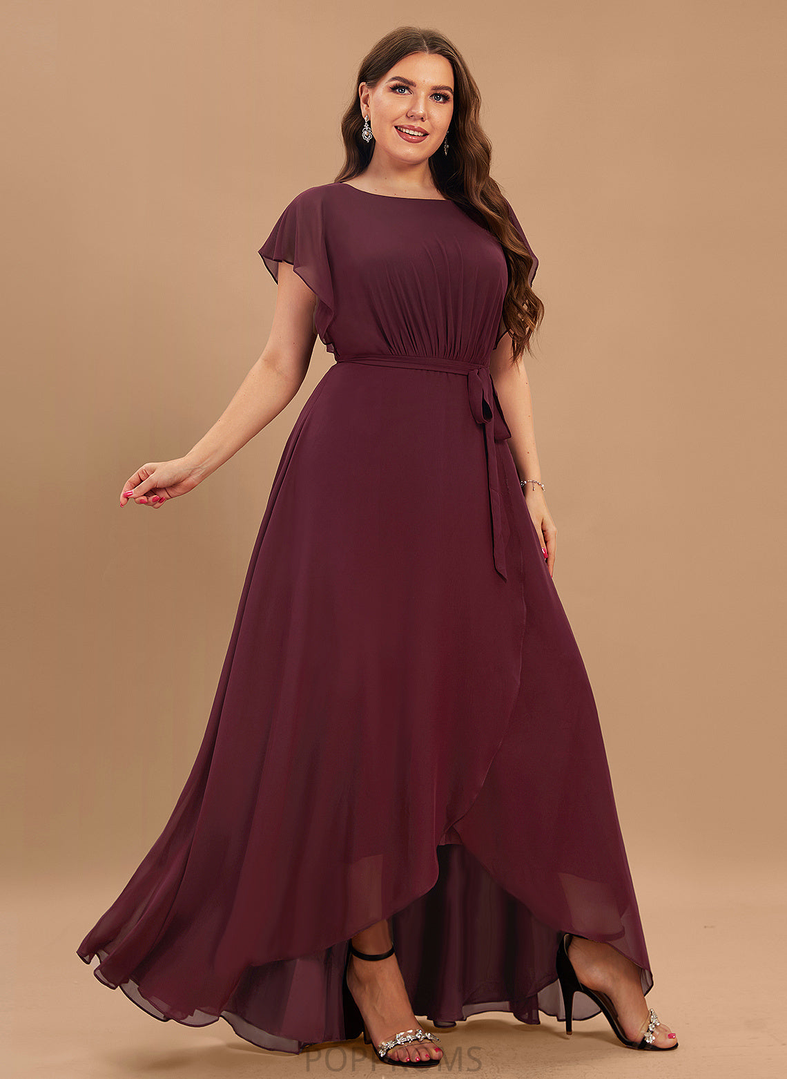 ScoopNeck Fabric Asymmetrical Neckline Embellishment A-Line Ruffle Length Silhouette Jakayla V-Neck Natural Waist Bridesmaid Dresses