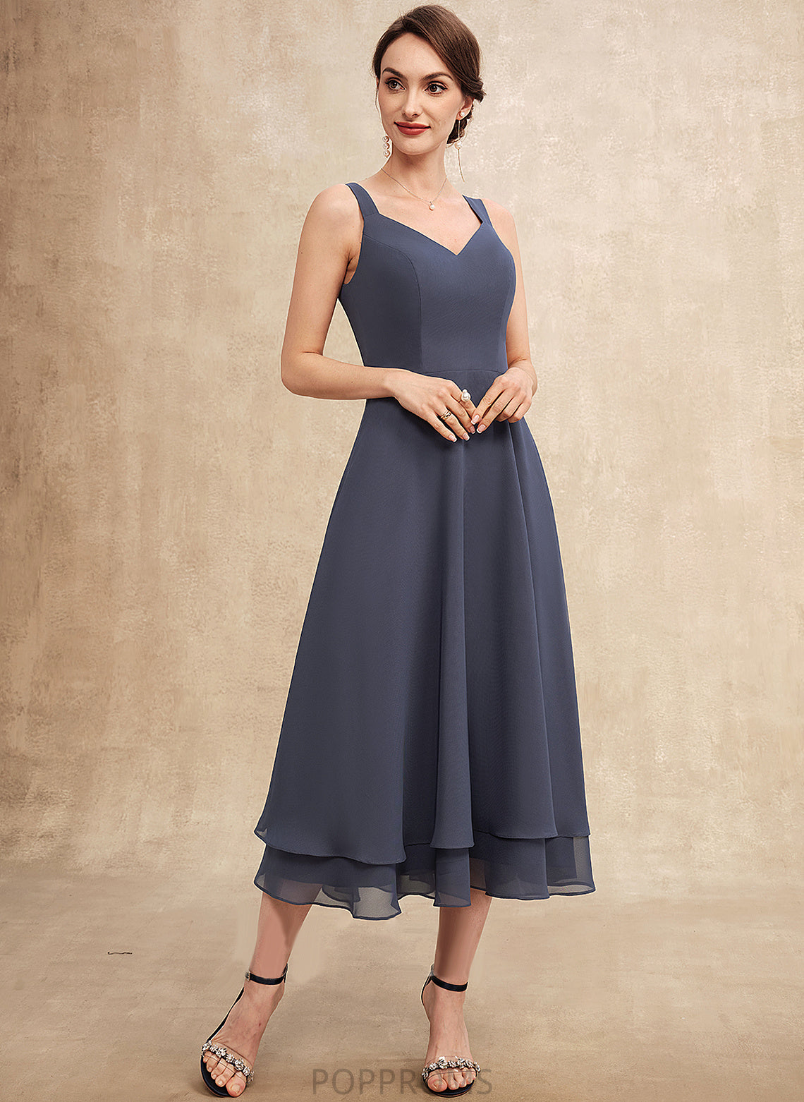 Bride V-neck Miley Mother Mother of the Bride Dresses A-Line Chiffon Tea-Length of the Dress