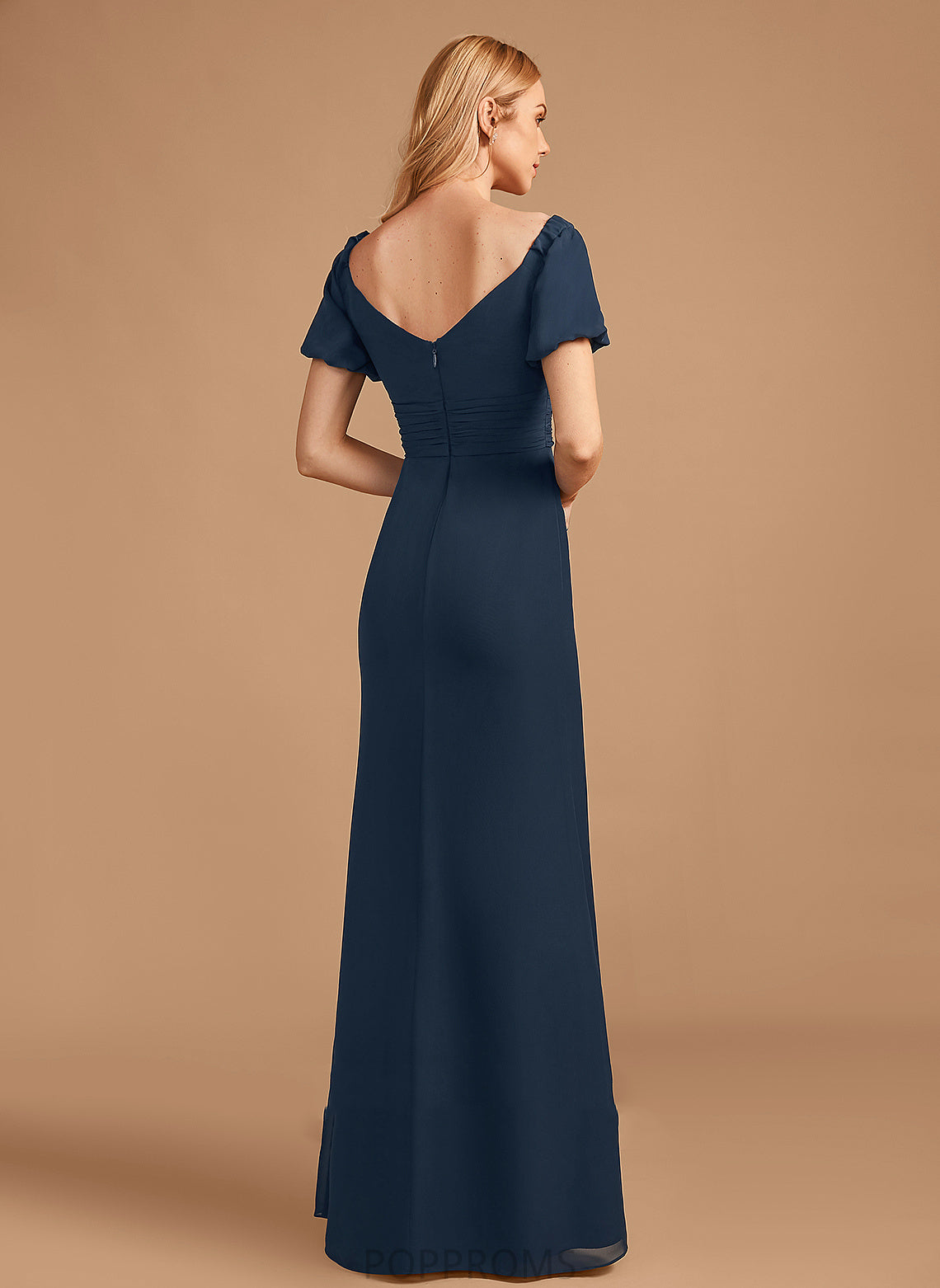 Floor-Length V-neck SplitFront Fabric Sheath/Column Silhouette Length Embellishment Neckline Noelle A-Line/Princess Sleeveless Bridesmaid Dresses