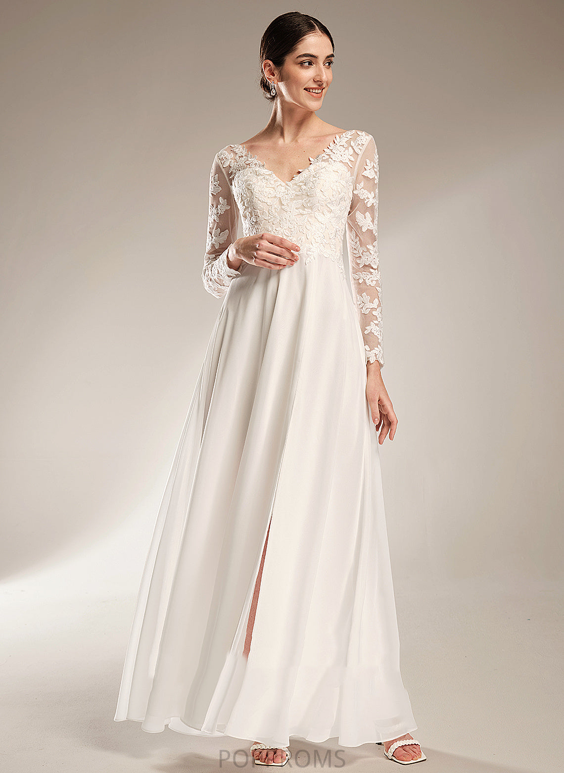 Split Wedding Dresses A-Line Wedding Dress Floor-Length With Lace V-neck Front Chiffon Shiloh