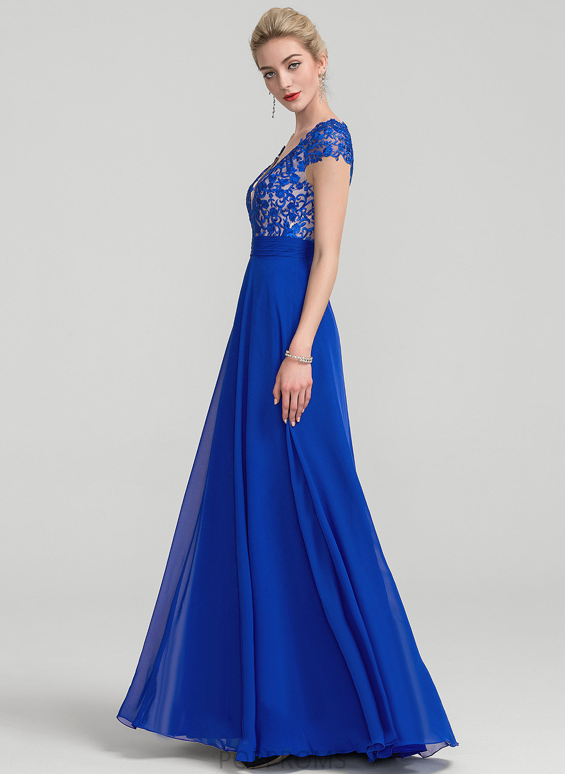 V-neck Lace Floor-Length With Chiffon Damaris Ruffle A-Line Prom Dresses