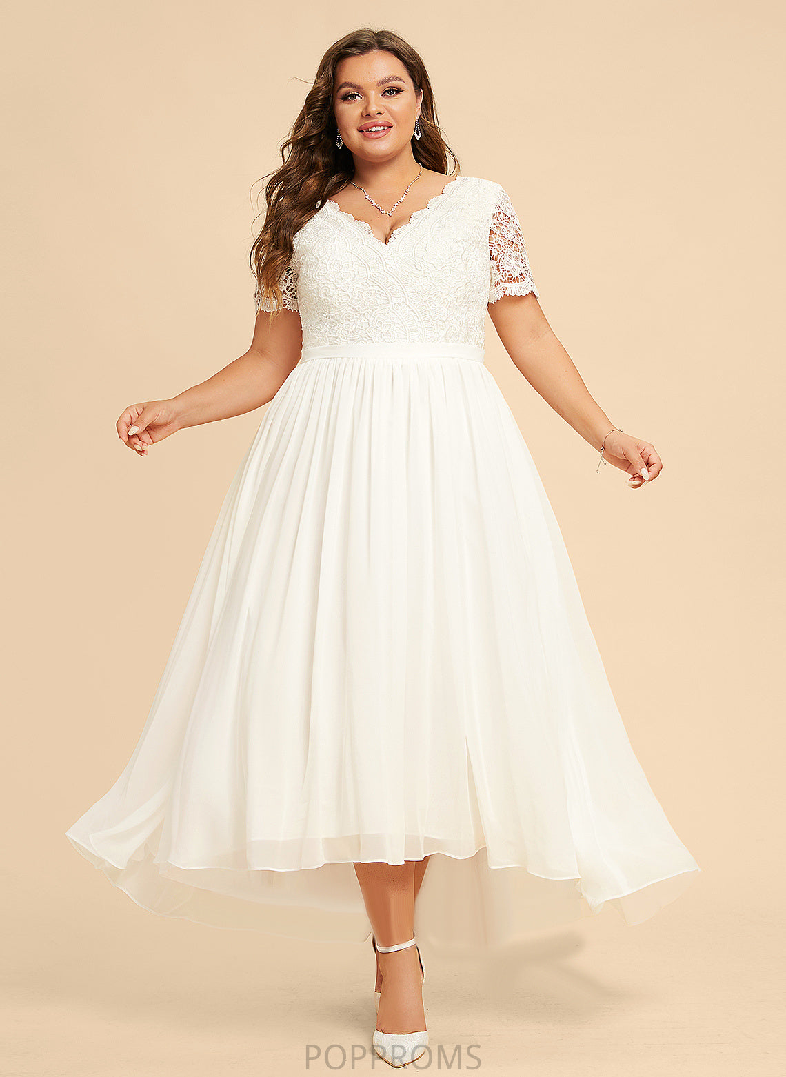 A-Line Dress Chiffon Asymmetrical Wedding Lace Wedding Dresses Luciana V-neck With