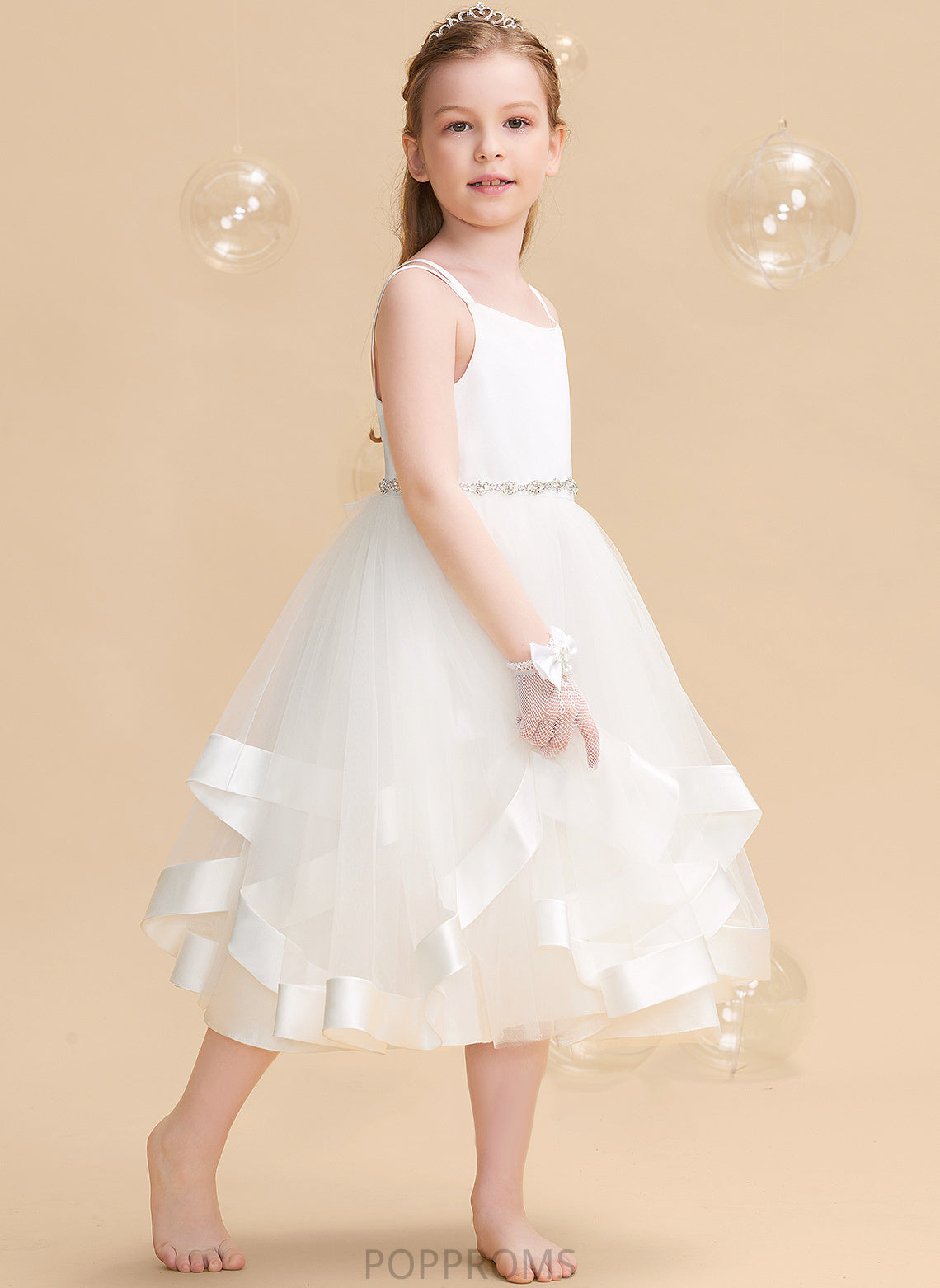 Flower Girl Straps Dress Flower Girl Dresses Satin/Tulle Roberta With Tea-length A-Line Beading Sleeveless -