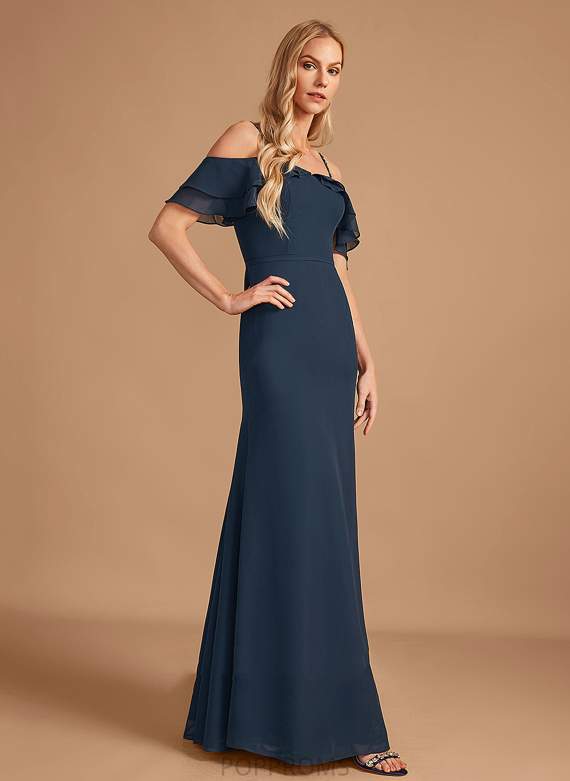 Length Embellishment Ruffle Sheath/Column Fabric Floor-Length Neckline Silhouette Off-the-Shoulder Beading Nathalia Spaghetti Staps Bridesmaid Dresses