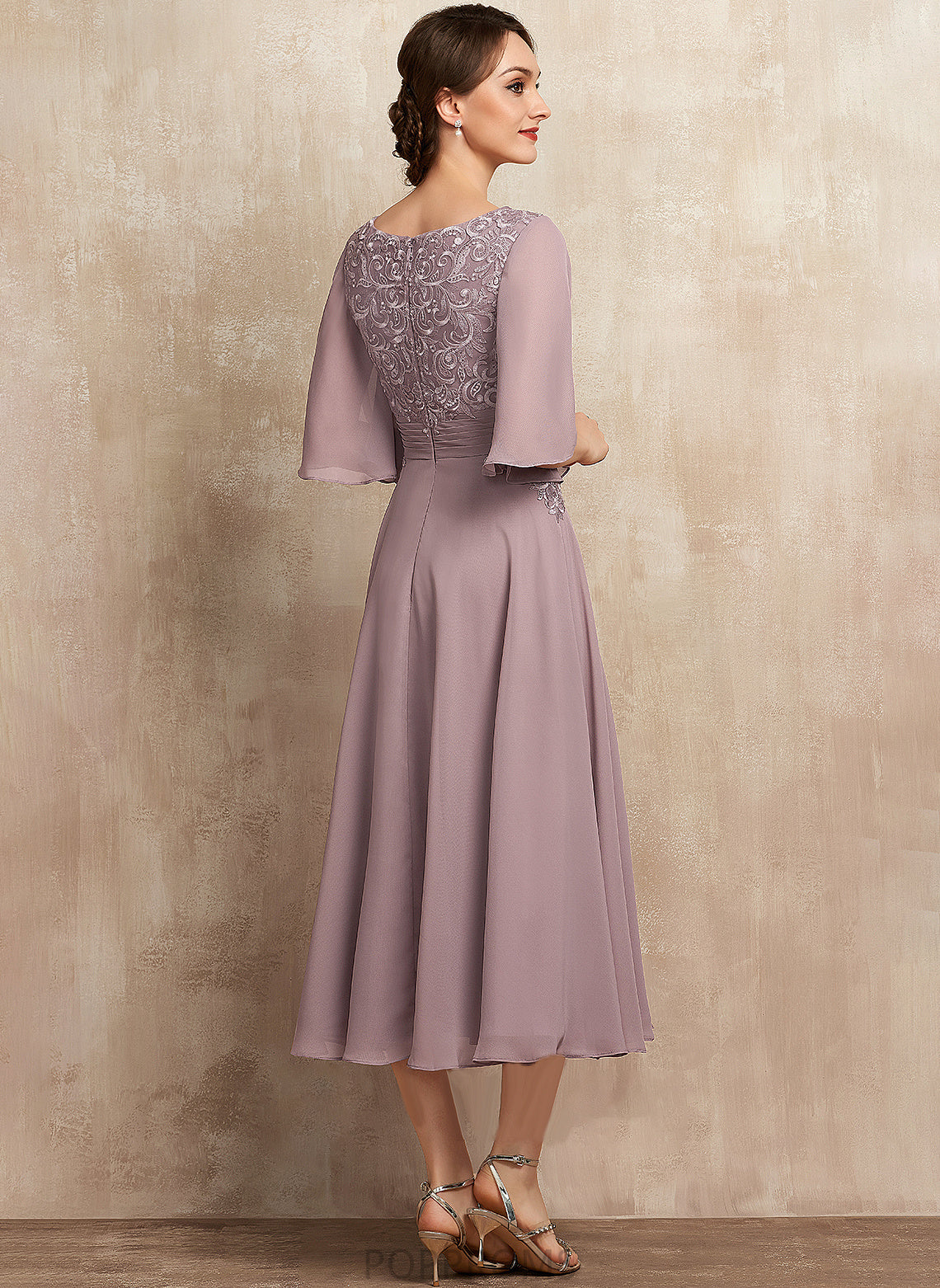 Scoop Bride Mother of the Bride Dresses Chiffon Kathleen Mother the A-Line Lace Neck Tea-Length Dress of