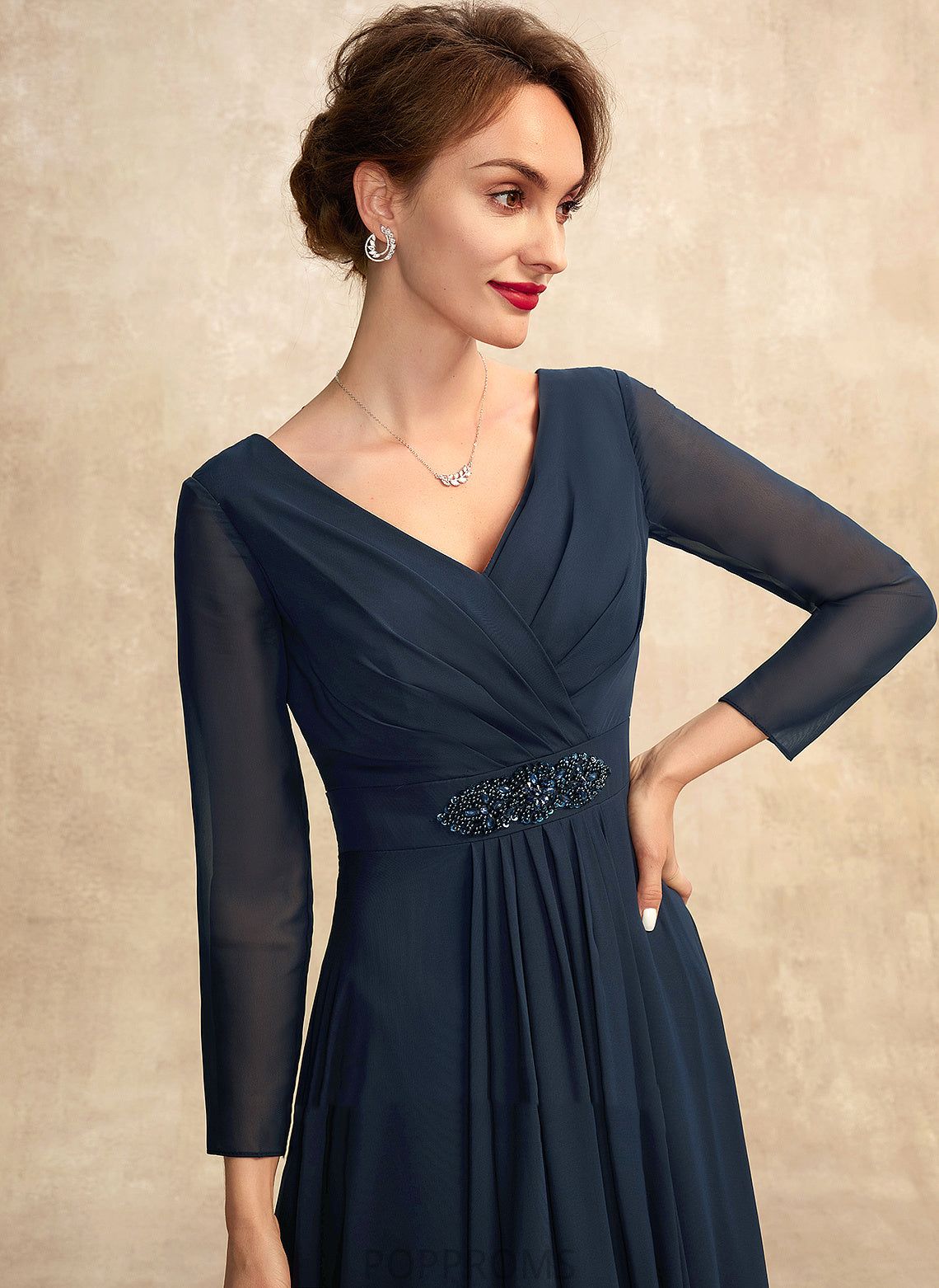 Ruffle Asymmetrical Chiffon the Mother of the Bride Dresses Dress Beading With Leah V-neck Bride of A-Line Mother Bow(s)