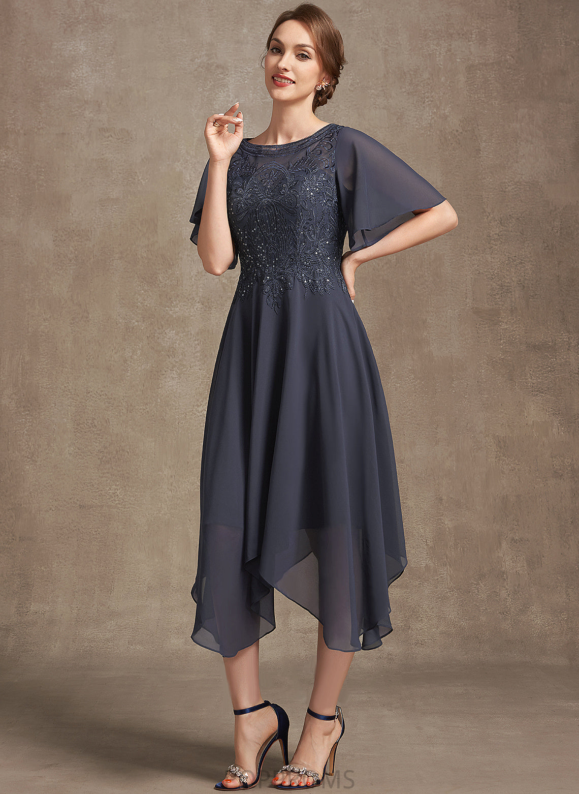 With the Mother Neck Lace Scoop Bride Hana Sequins Chiffon A-Line Dress Mother of the Bride Dresses of Tea-Length