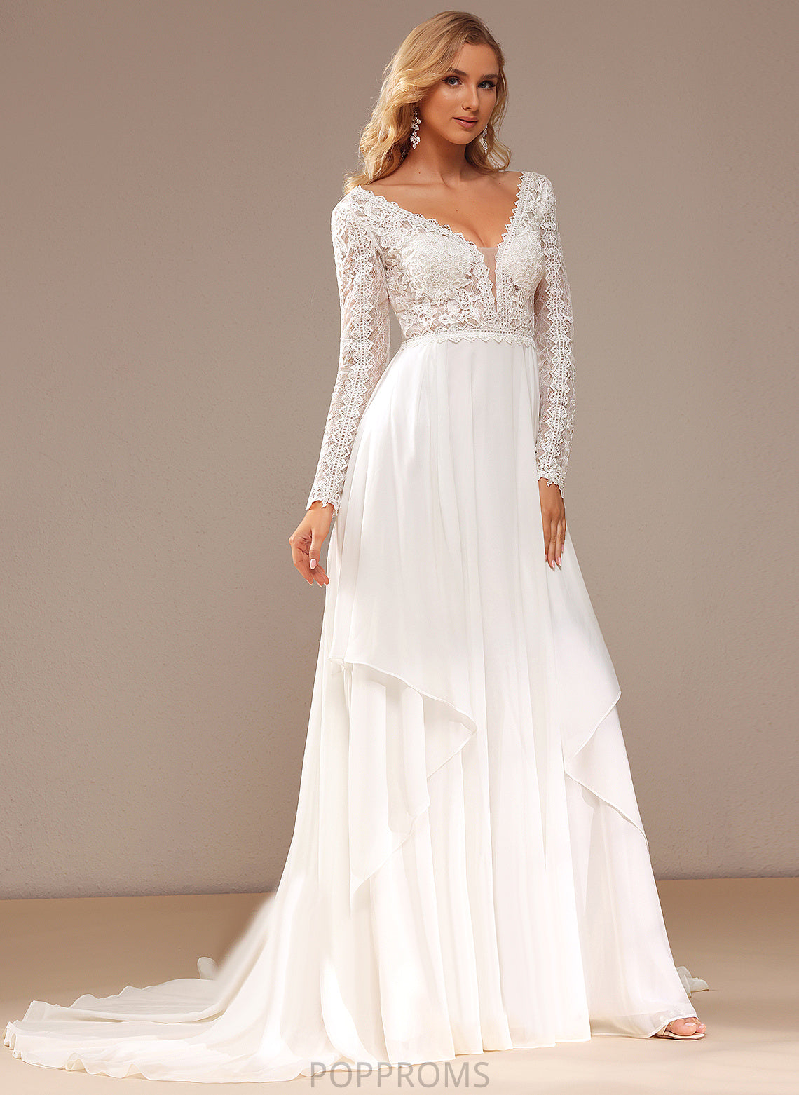 Court Chiffon A-Line Lace Dress Wedding Dresses Wedding Ruffle Lace V-neck Train With Selina