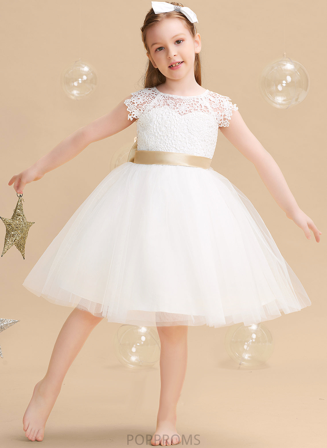 Tulle/Lace Sleeves (Undetachable Neck Dress Knee-length Flower Short Girl Scoop Elsa sash) - A-Line With Sash/Bow(s) Flower Girl Dresses