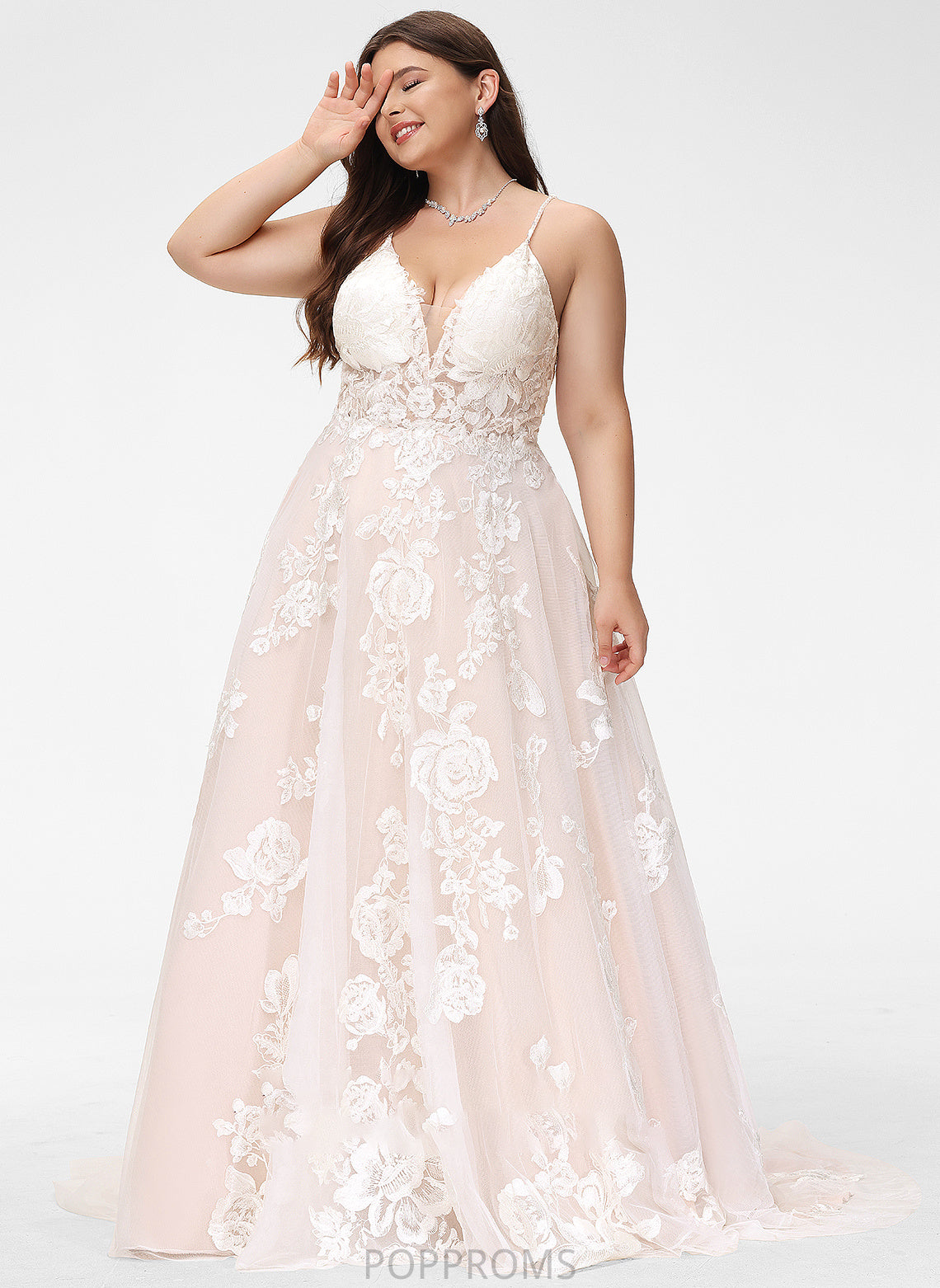 Tulle Briana V-neck Wedding Dresses Pockets Lace With Court Beading Wedding Train Dress Ball-Gown/Princess