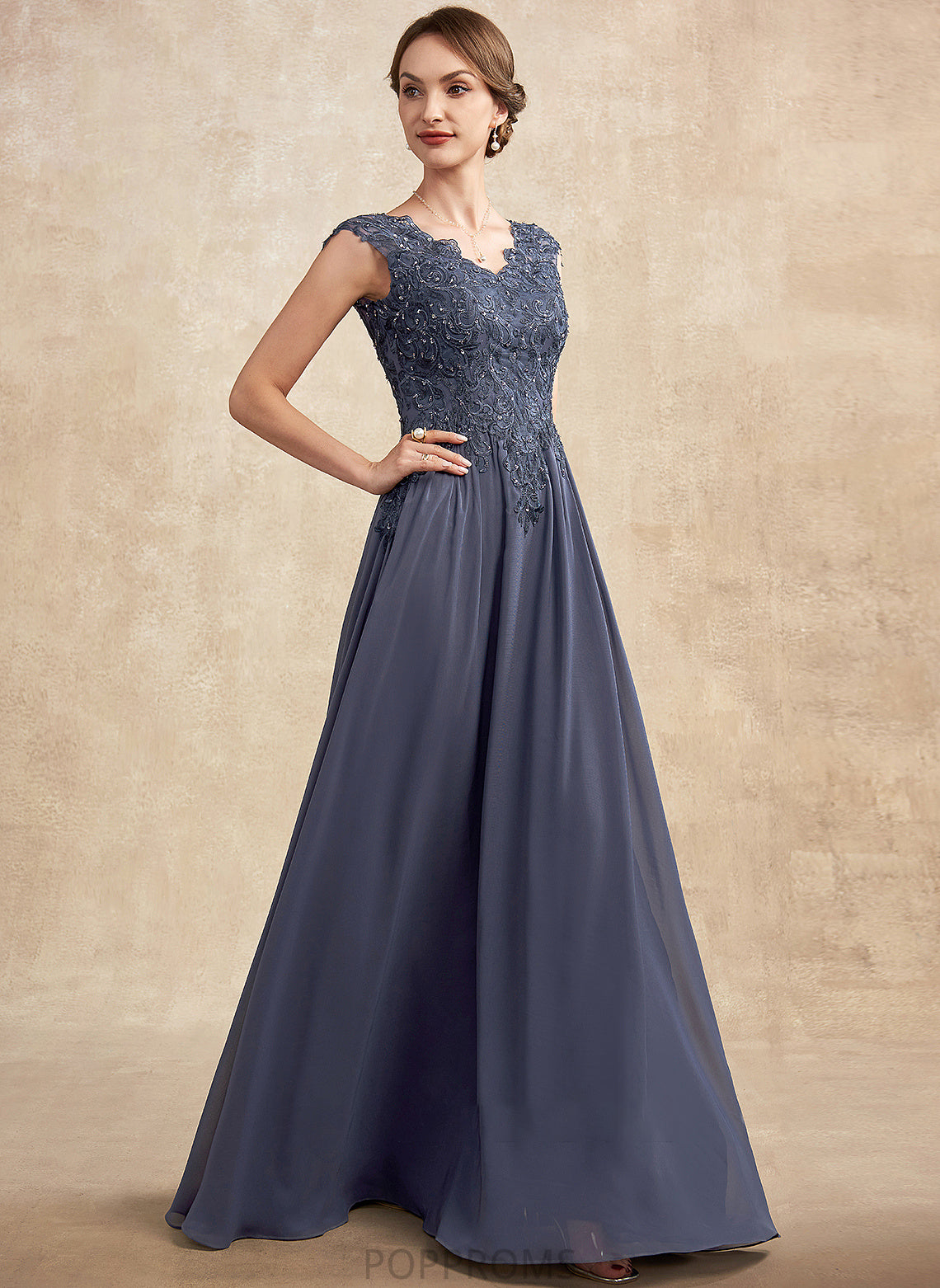 A-Line Beading V-neck Mother of the Bride Dresses of Liana Bride With Mother Floor-Length Chiffon Lace Sequins Dress the