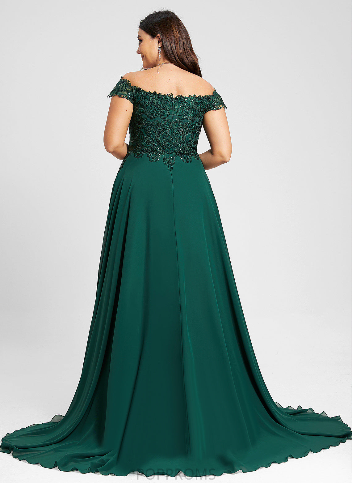 Off-the-Shoulder Train Lace Sweep With A-Line Lillie Chiffon Prom Dresses Sequins