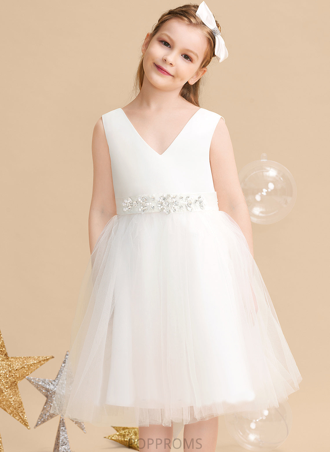 Knee-length Satin/Tulle A-Line Bow(s) Dress - With Flower Sleeveless Girl Flower Girl Dresses Joselyn V-neck