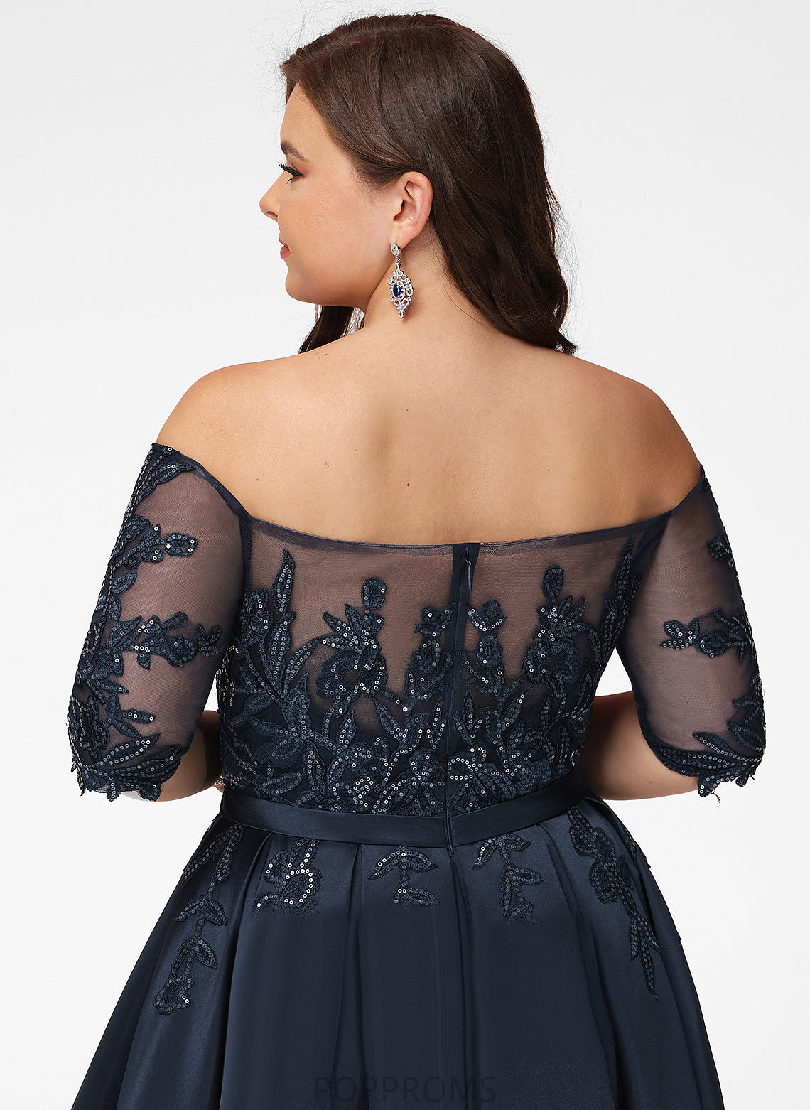 Asymmetrical Sequins Off-the-Shoulder Regina A-Line Lace With Satin Prom Dresses