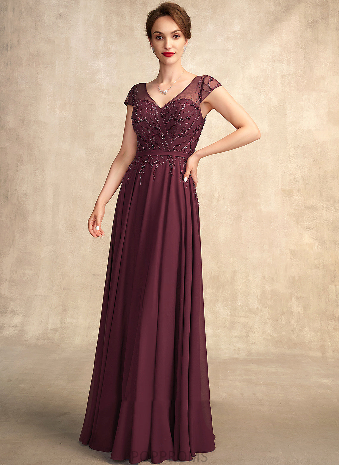 V-neck With Dress Sequins Mother Chiffon Bride Mother of the Bride Dresses Brooklynn of Floor-Length the Beading A-Line