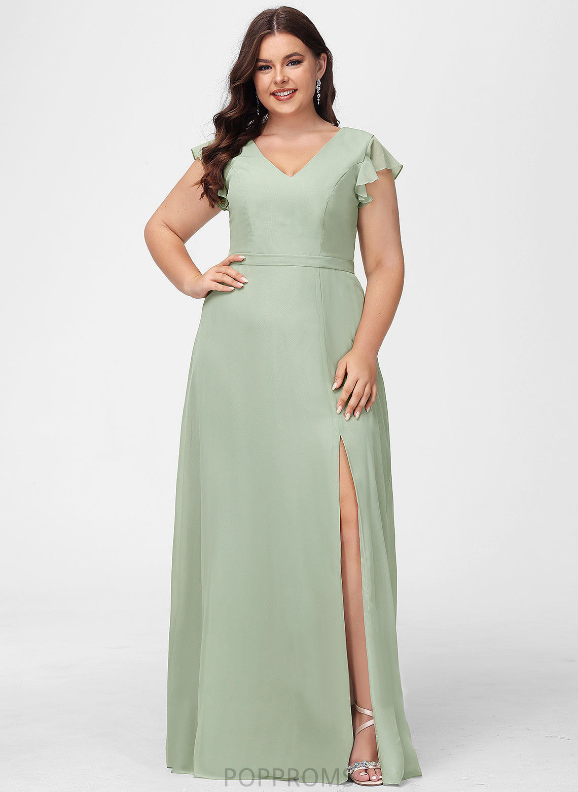 Neckline Embellishment Floor-Length Fabric Silhouette V-neck SplitFront A-Line Length Abagail Sleeveless A-Line/Princess Bridesmaid Dresses