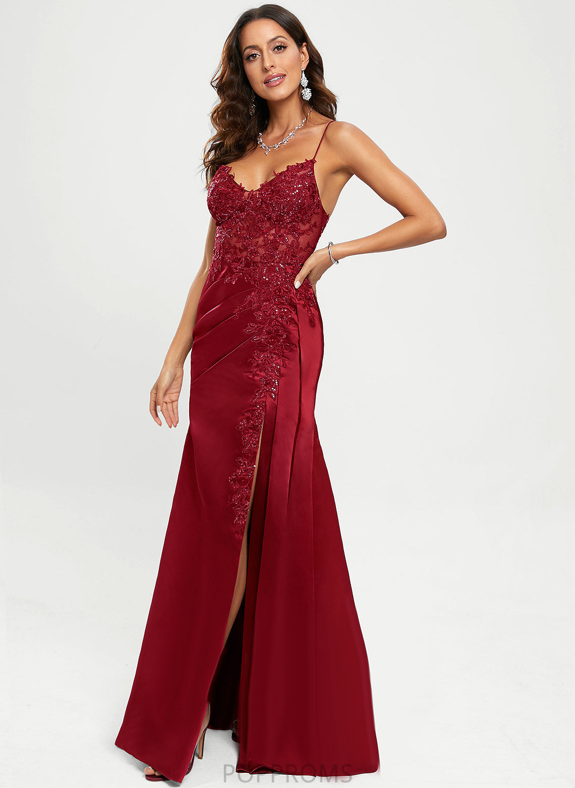 V-neck Floor-Length With Jeanie Prom Dresses Sequins Satin Sheath/Column