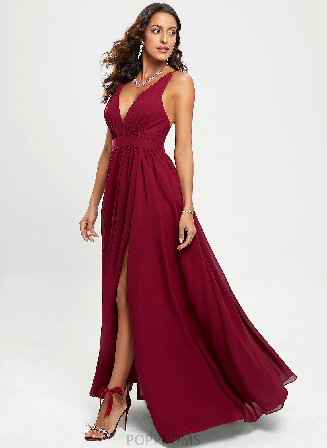 V-neck Floor-Length Pru Chiffon Prom Dresses A-Line