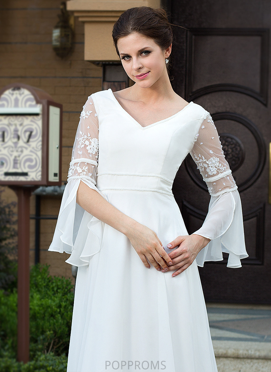 Dress Wedding Train A-Line Lace Kaleigh Chiffon Beading V-neck Court With Wedding Dresses