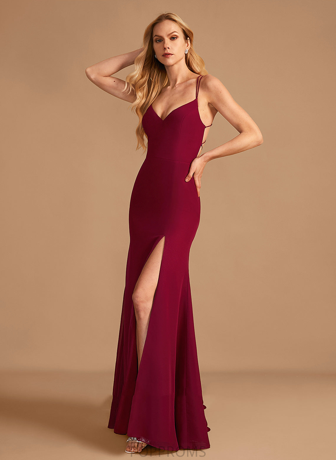 Length Silhouette Trumpet/Mermaid SplitFront Floor-Length Neckline Fabric Embellishment V-neck Genesis Sleeveless Floor Length Bridesmaid Dresses