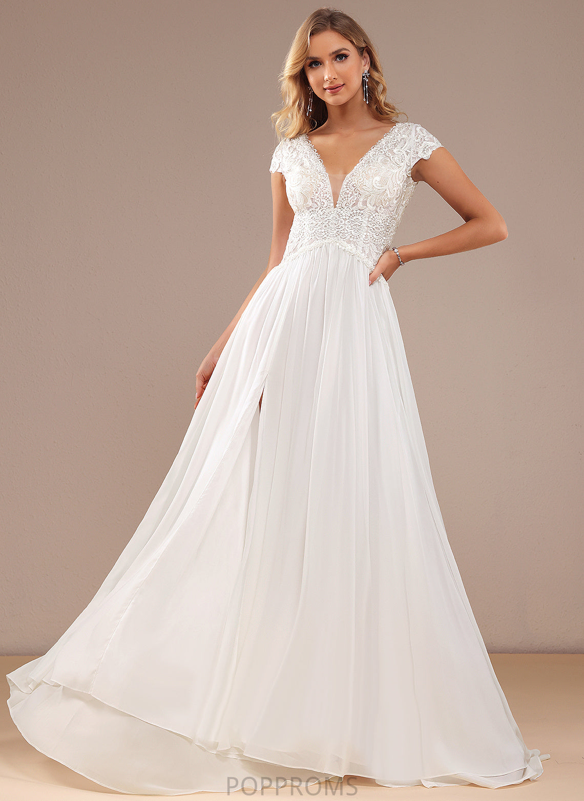 Cindy Front Chiffon Sweep V-neck Train With Wedding Lace A-Line Wedding Dresses Split Dress Lace