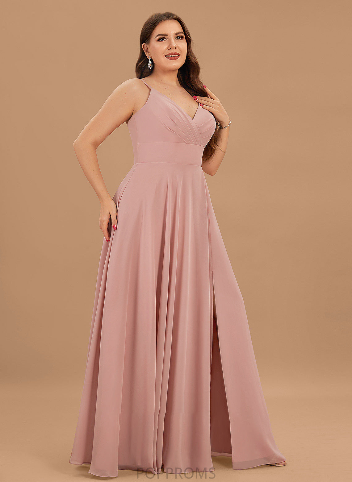 V-neck A-Line With Ruffle Pockets Chiffon Philippa Prom Dresses Floor-Length