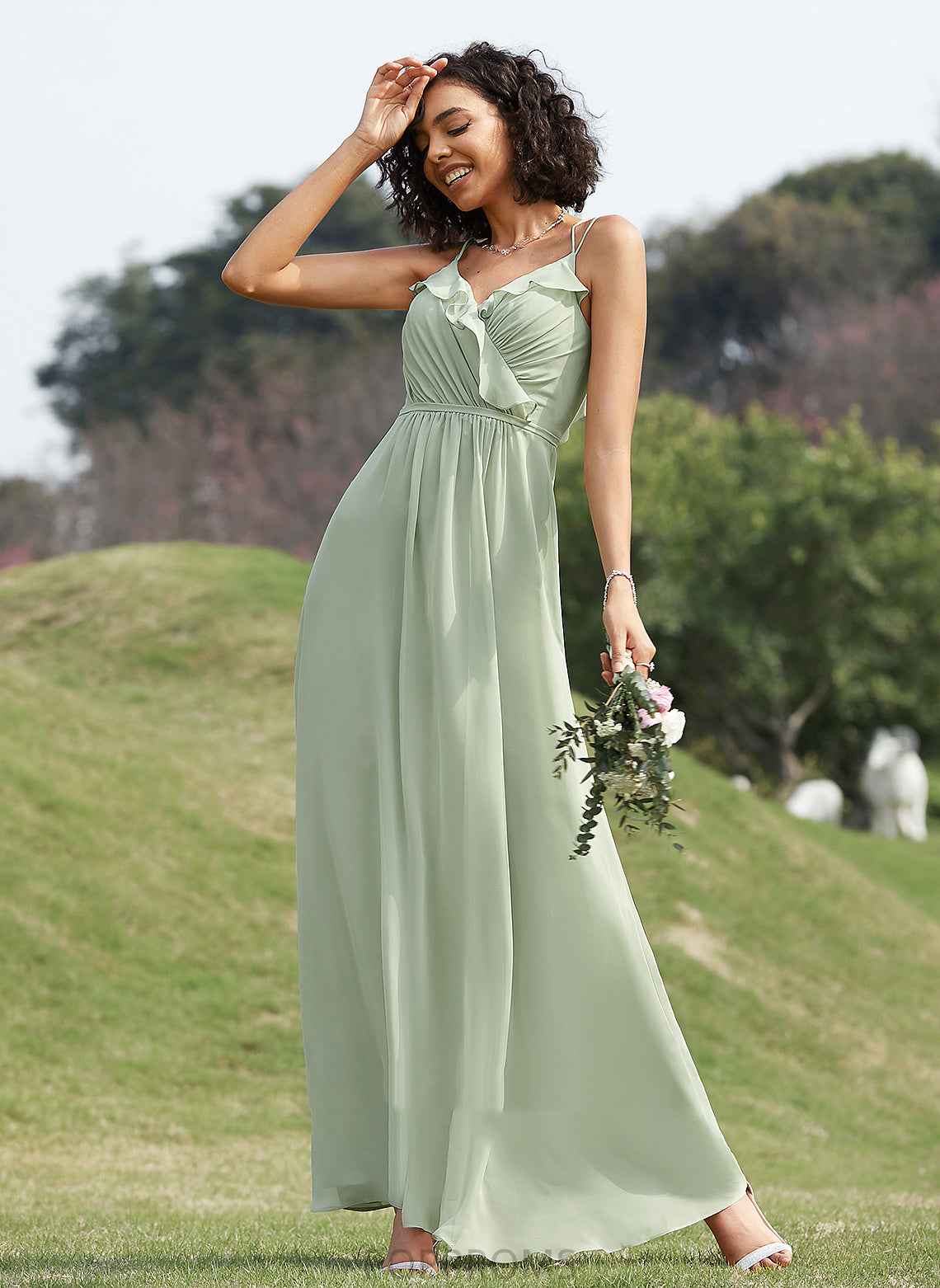 A-Line V-neck Neckline Silhouette Floor-Length Embellishment Ruffle Fabric Length Danika Sleeveless Floor Length Bridesmaid Dresses