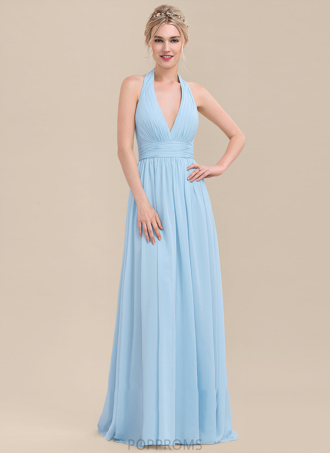 Floor-Length Silhouette A-Line Length Neckline Embellishment Ruffle Halter Fabric Abbey Natural Waist Sheath/Column Bridesmaid Dresses