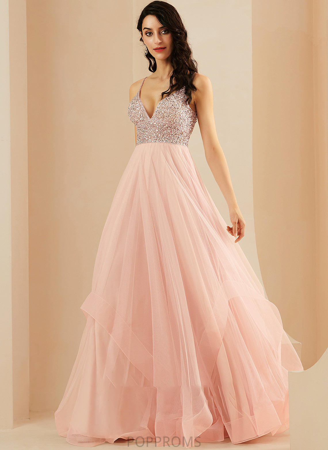 V-neck Erika Tulle A-Line With Floor-Length Prom Dresses Sequins Beading