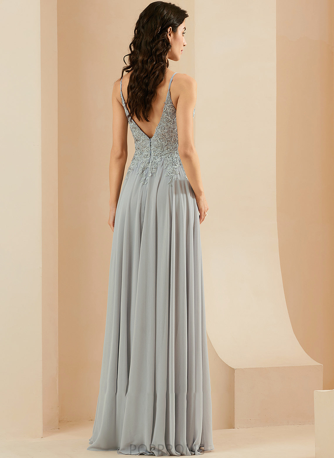 With Floor-Length V-neck Split Prom Dresses Sequins Front A-Line Thalia Lace Chiffon