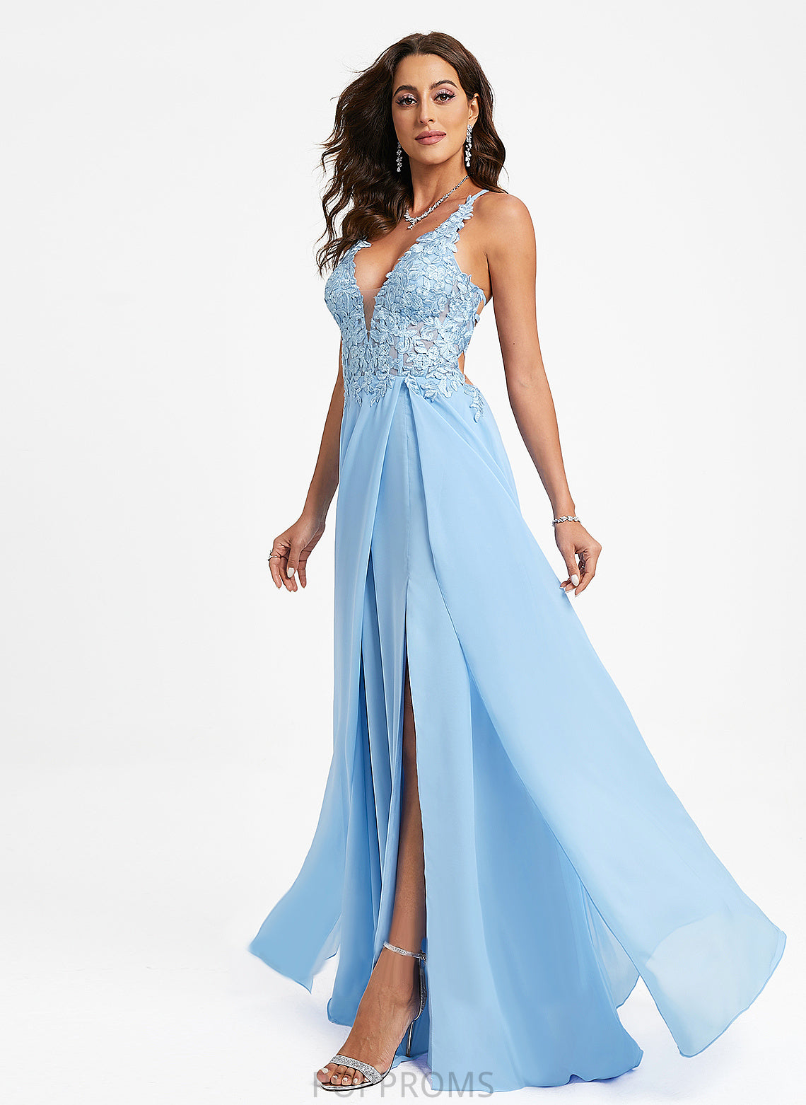 A-Line Floor-Length Adalynn V-neck Chiffon Lace Prom Dresses