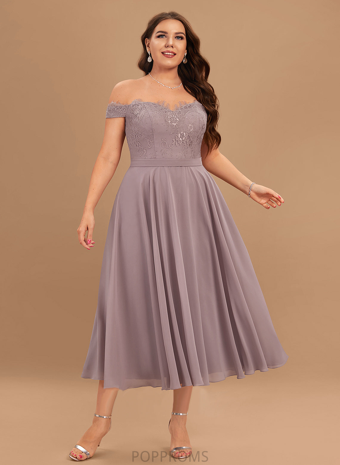 Length Silhouette Tea-Length Beading A-Line Embellishment Neckline Off-the-Shoulder Fabric Yasmin Spaghetti Staps Sleeveless Bridesmaid Dresses