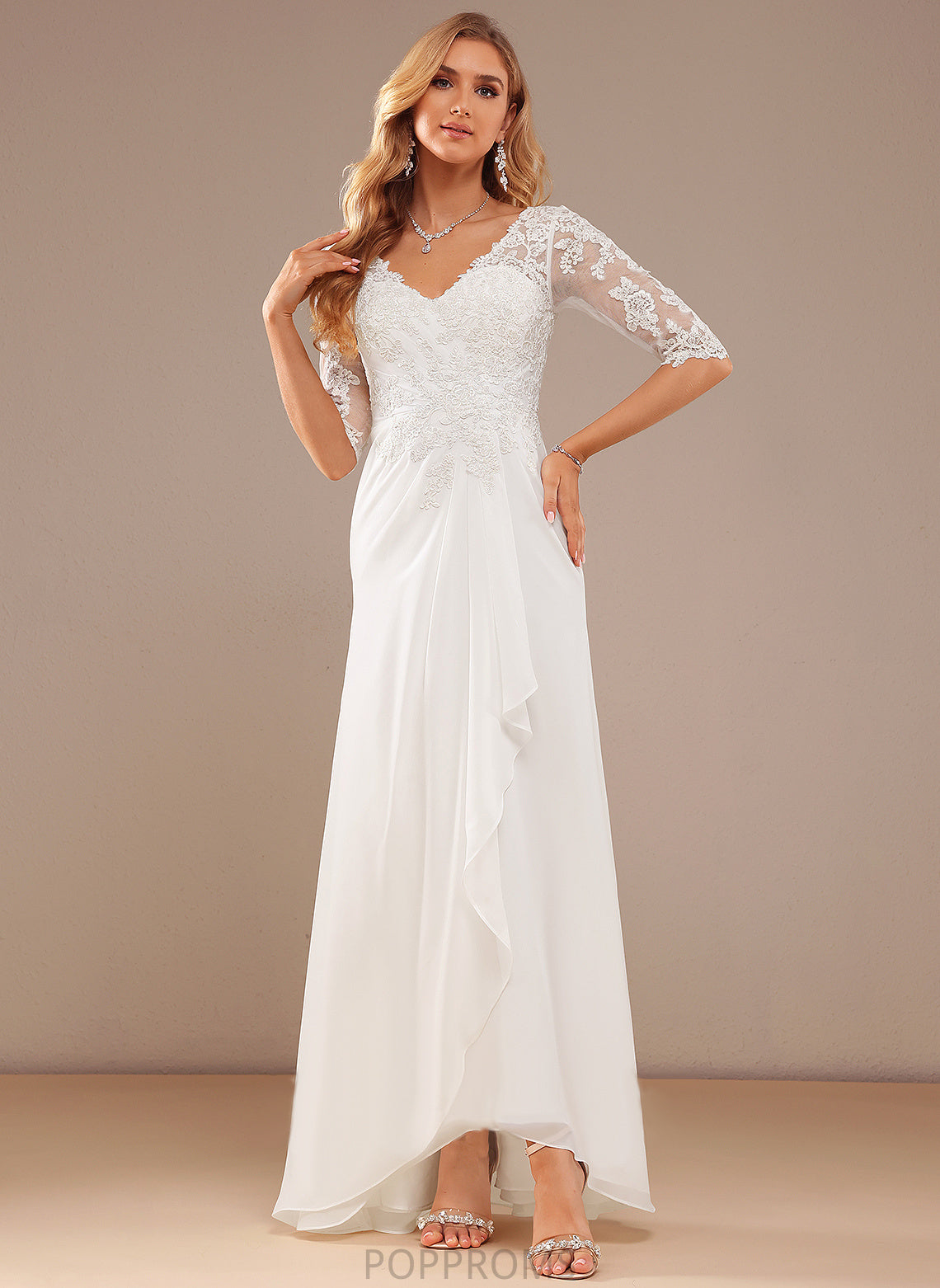 V-neck A-Line Asymmetrical With Dress Chiffon Wedding Lace Baylee Wedding Dresses Ruffle