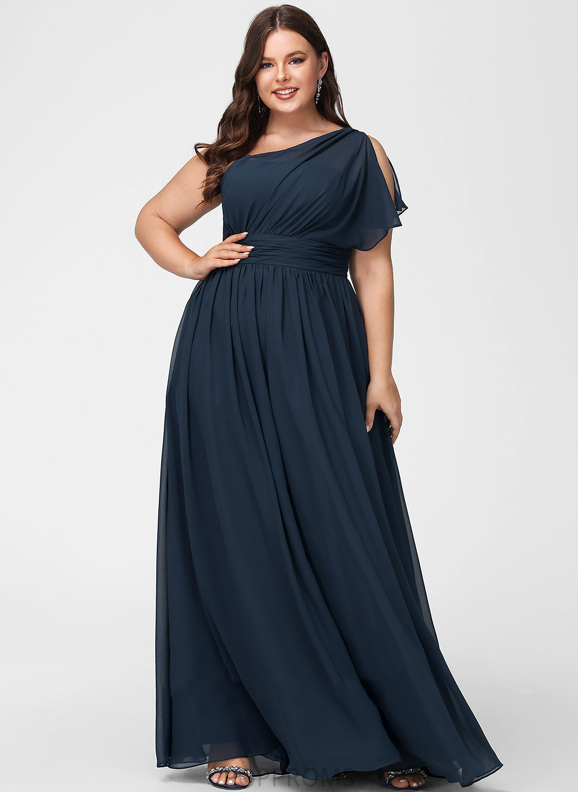 One-Shoulder Floor-Length A-Line Silhouette Neckline Ruffle Fabric Embellishment Length Pearl Sleeveless Straps Bridesmaid Dresses