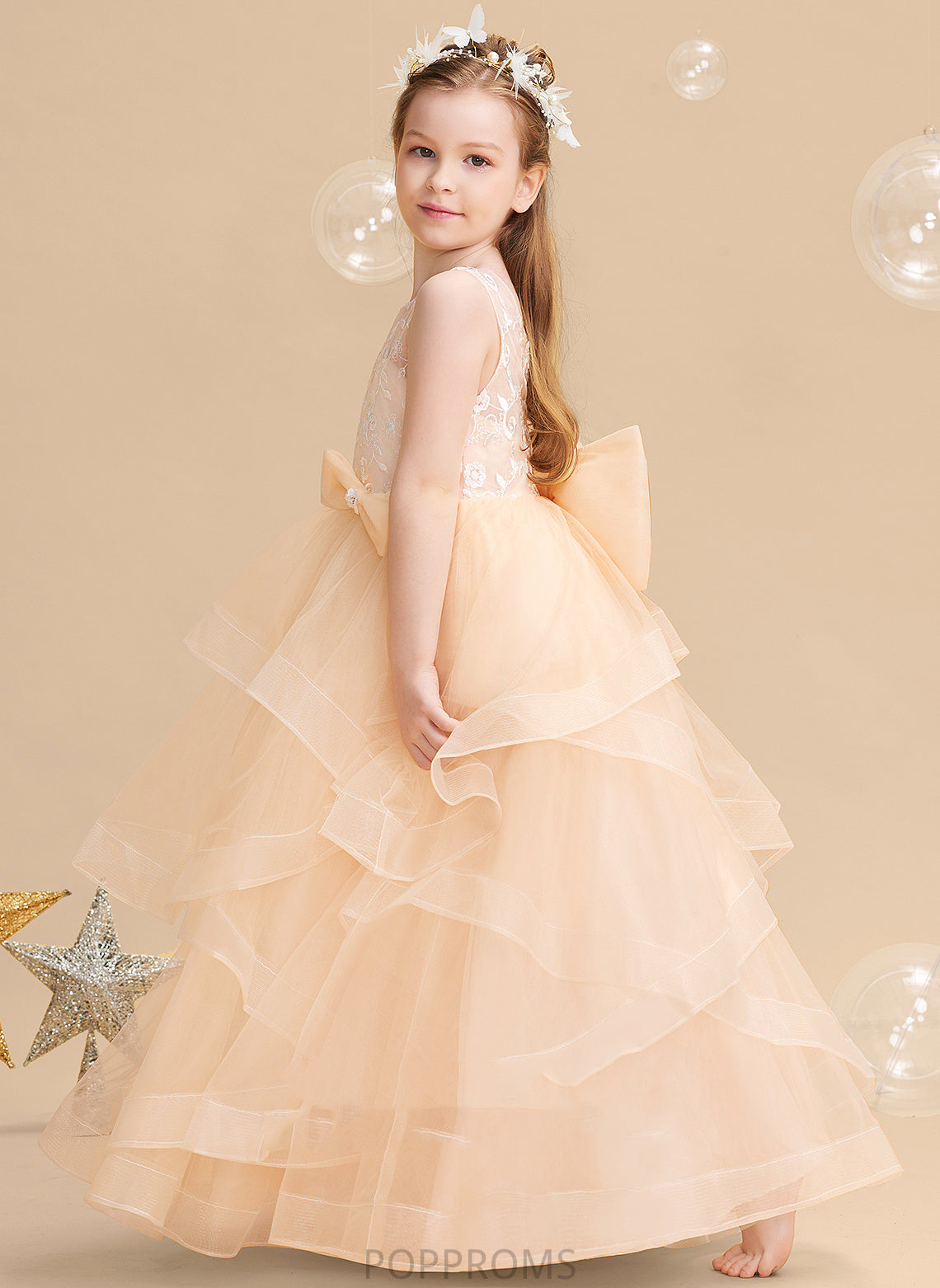 Girl Neck Flower Scalloped Floor-length Back Dress Flower Girl Dresses Lace/Flower(s)/Bow(s)/V Sleeveless Ball-Gown/Princess Tulle - With Marisol