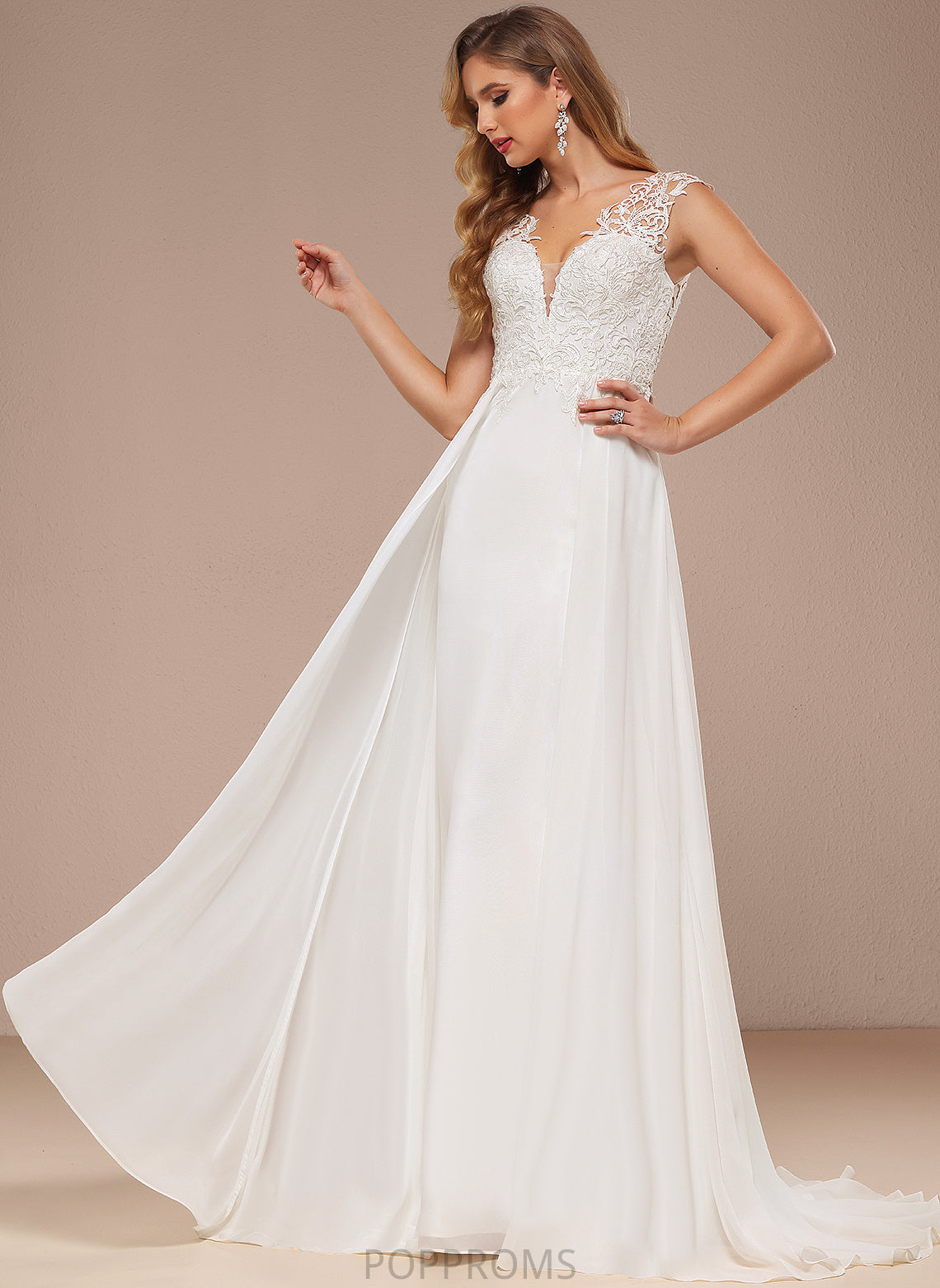 Selina Dress Sweep A-Line Lace V-neck Wedding Train Wedding Dresses Chiffon