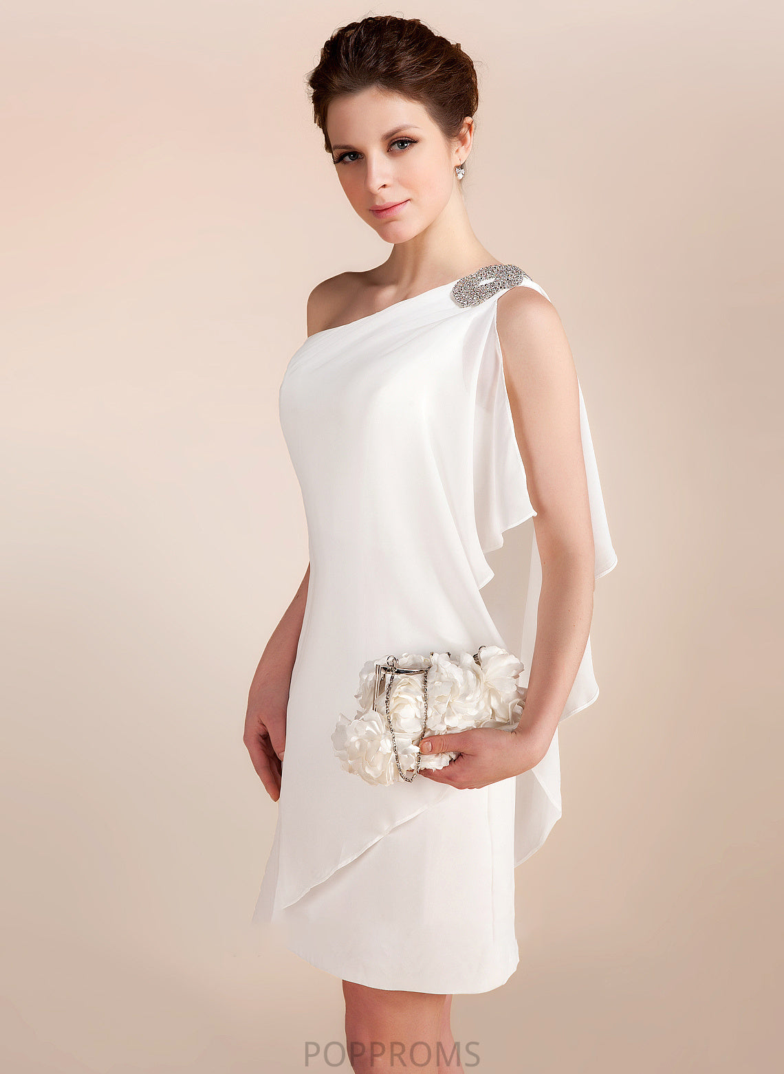 Wedding With Beading Wedding Dresses One-Shoulder Kianna Cascading Short/Mini Dress Chiffon Sheath/Column Ruffles