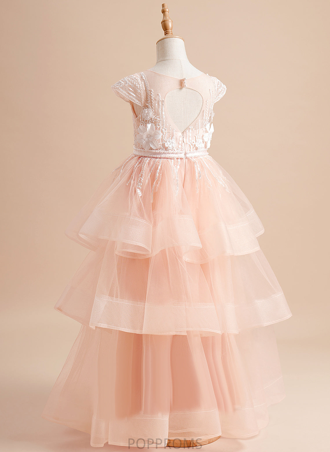 Flower Beading/Flower(s)/Bow(s) Neck Girl Dress Floor-length With Dakota Tulle - Ball-Gown/Princess Short Scoop Flower Girl Dresses Sleeves