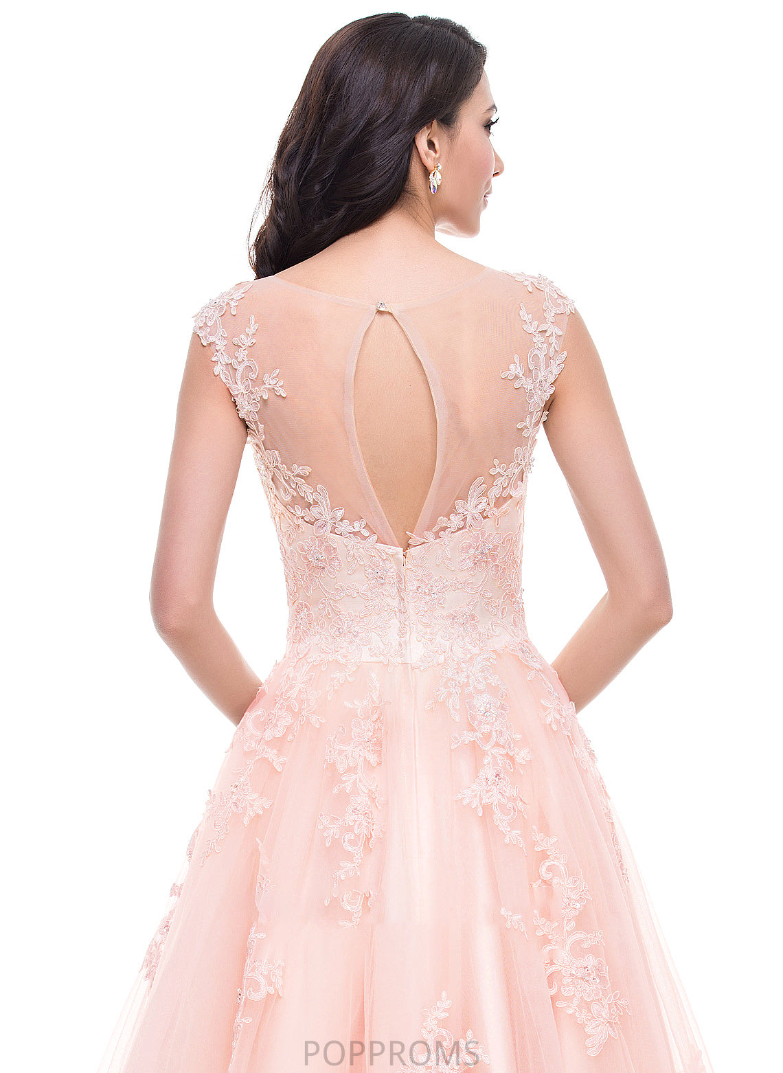 Ball-Gown/Princess Lace Prom Dresses Appliques Sequins Floor-Length Neck Beading Alma With Tulle Scoop